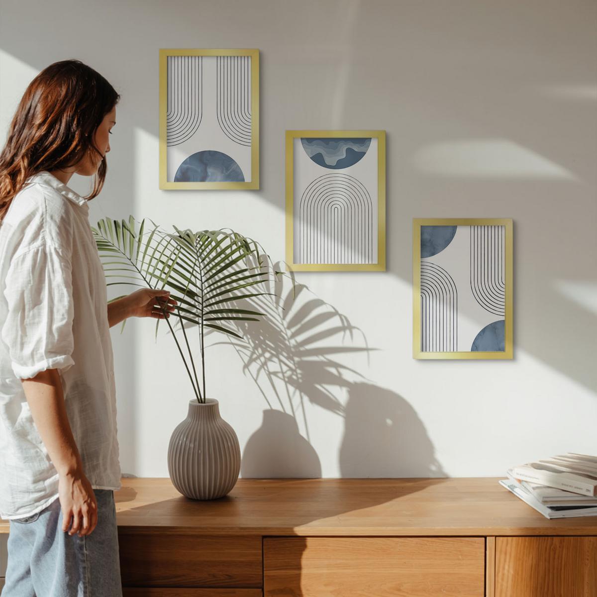 BILDER SET 3er Set - 20x30 cm Goldrahmen - Abstrakte blaue Muster - Goldfarben, Kunststoff (20/30cm) - TULUP