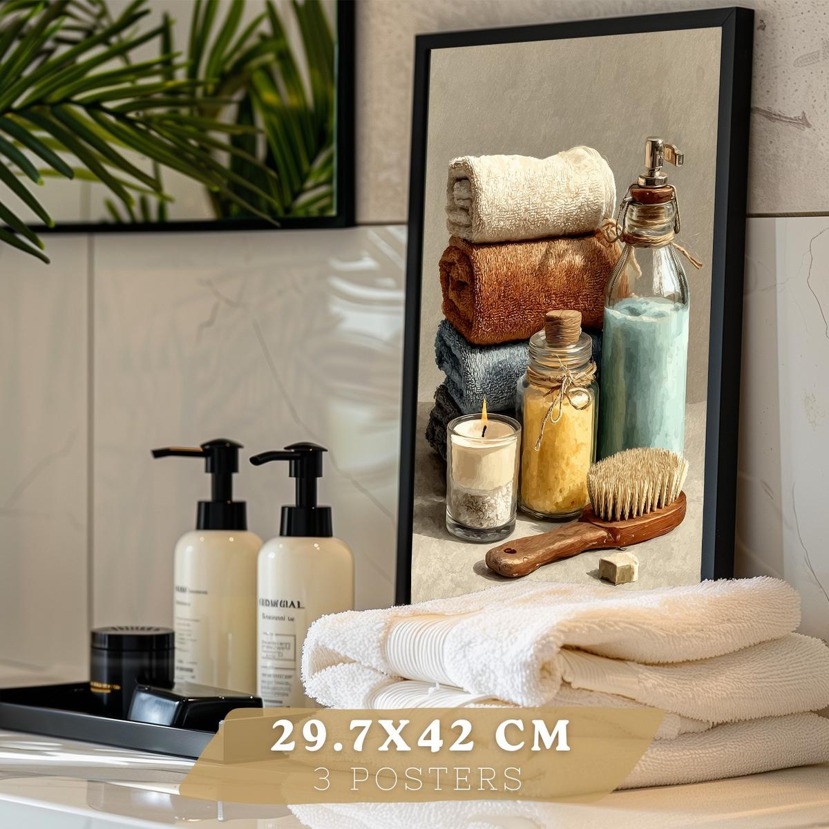 POSTER 3er-Set dekorative Badezimmerdrucke, gemütlicher Spa-Stil, Bilder mit Kerzen, Blumen und Handtüchern, entspannende, Schwarzer Rahmen A3 - Schwarz, Papier (42/29.7/3cm) - Nacnic