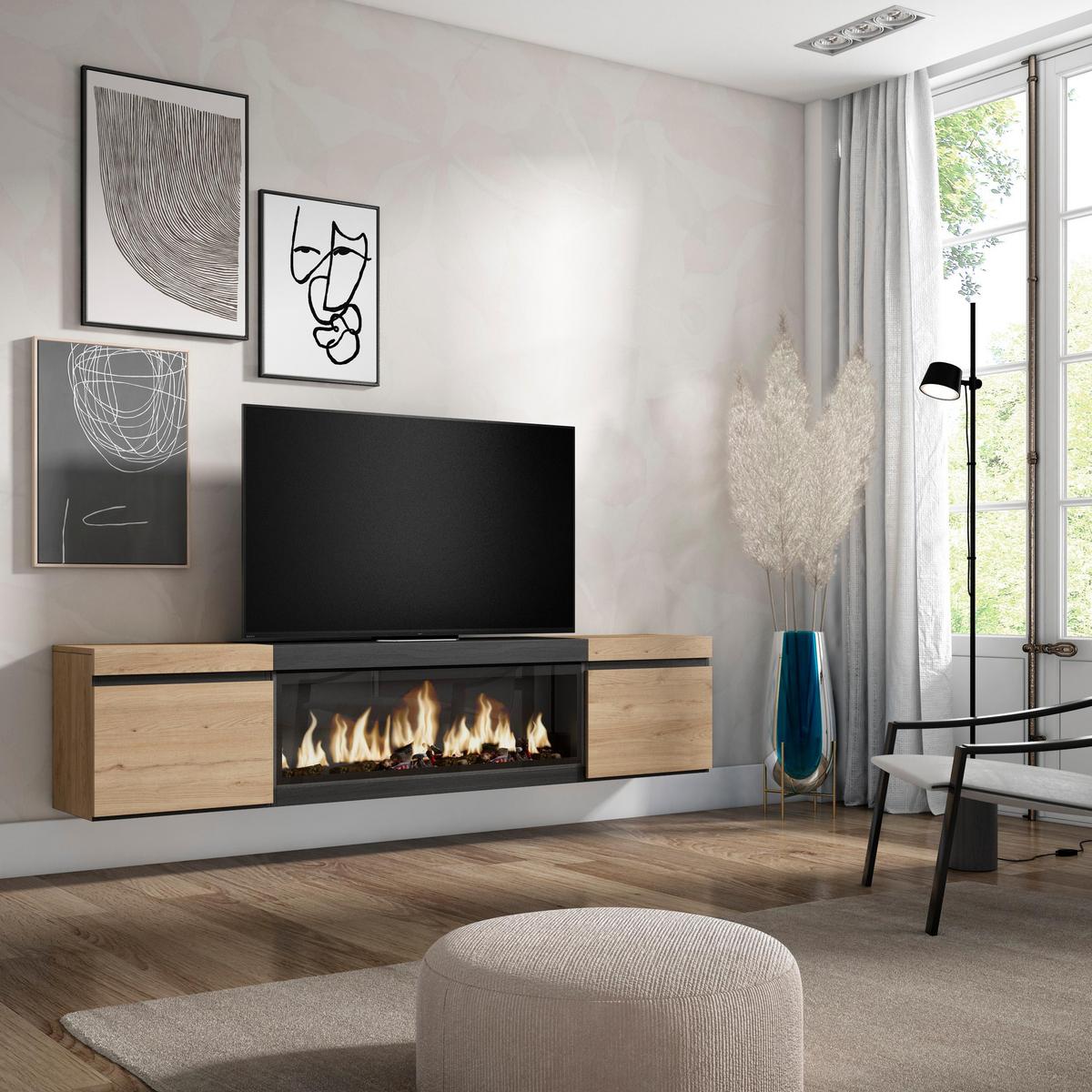 LOWBOARD, Tv-Schrank mit Elektrokamin XXL, Hängend, Eiche, Schwarz, 208/35/45cm - Eichefarben/Multicolor, Holzwerkstoff (208/45/35cm) - Skraut Home