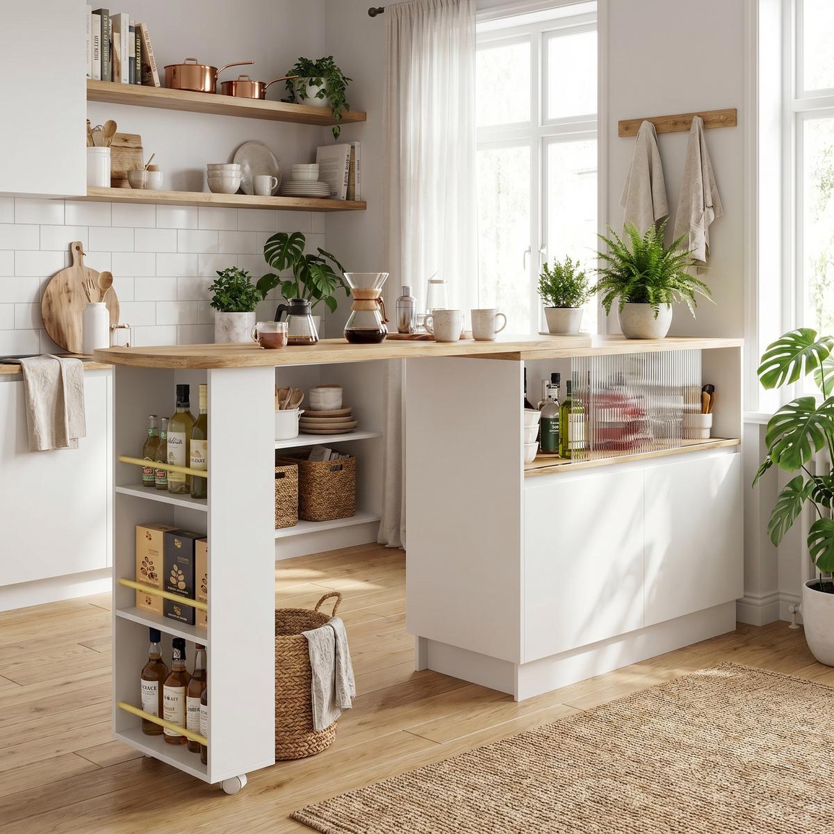 BARSCHRANK 360° drehbar & schwarz mit glastüren & flexiblem bartisch - Weiß, Holzwerkstoff (90/100/45cm) - Urban Meuble