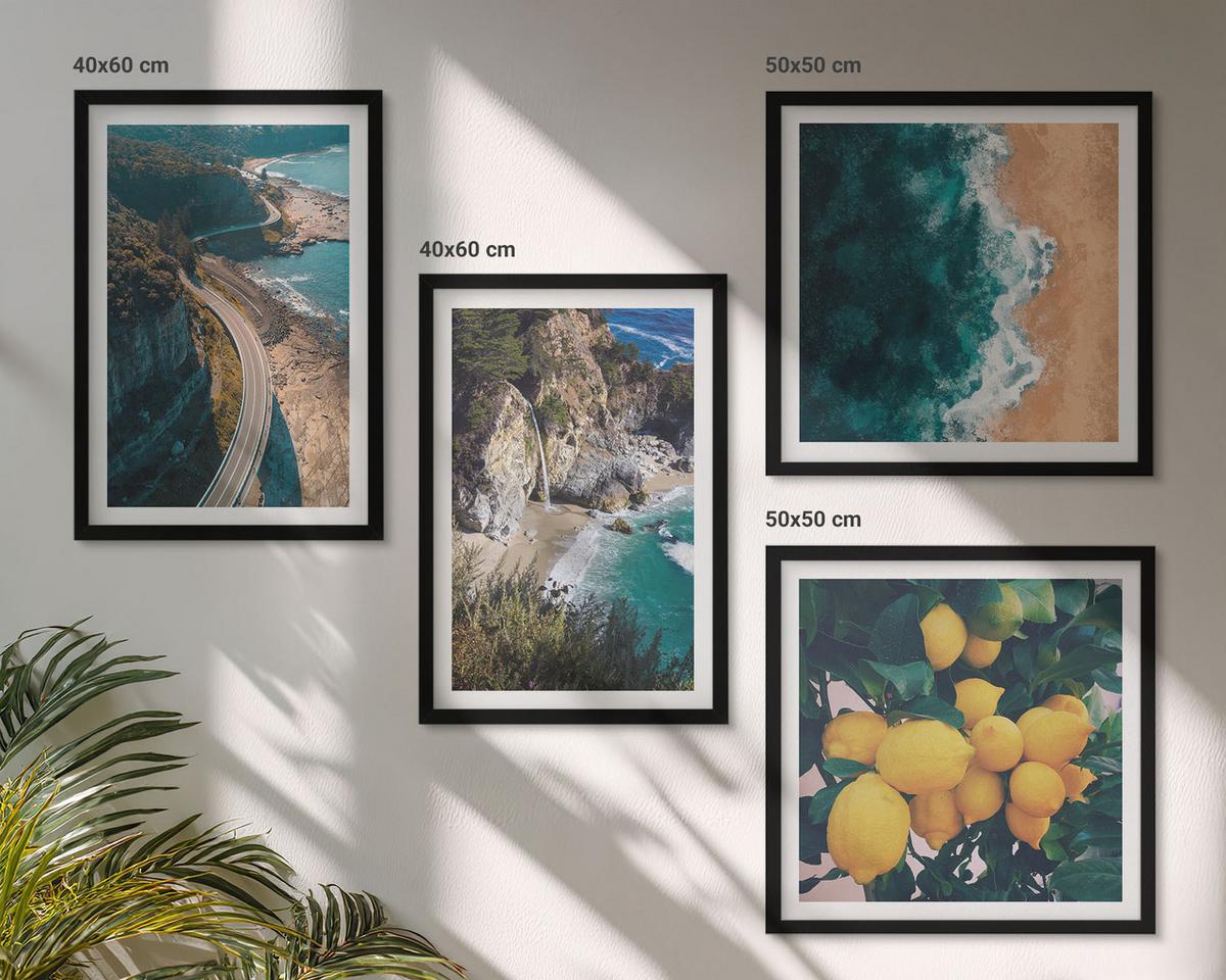 BILDER SET 4er Set - 50x50 cm & 40x60 cm Schwarzer Rahmen - Meerstrand Zitronen Berge - Schwarz, Kunststoff (50/50cm) - TULUP