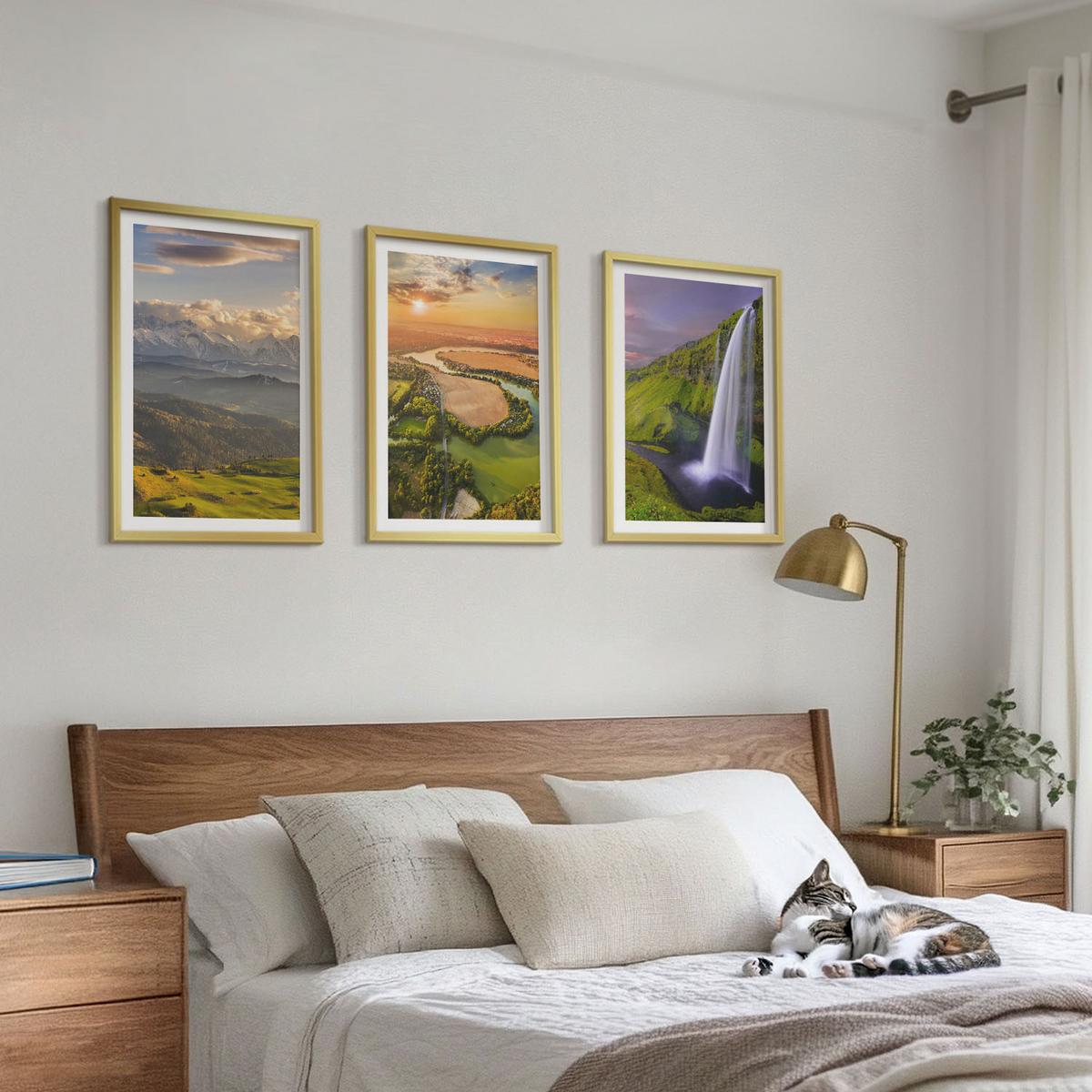 BILDER SET 3er Set - 40x60 cm Goldrahmen - Gebirgsflüsse, Wasserfälle, Natur - Goldfarben, Kunststoff (40/60cm) - TULUP