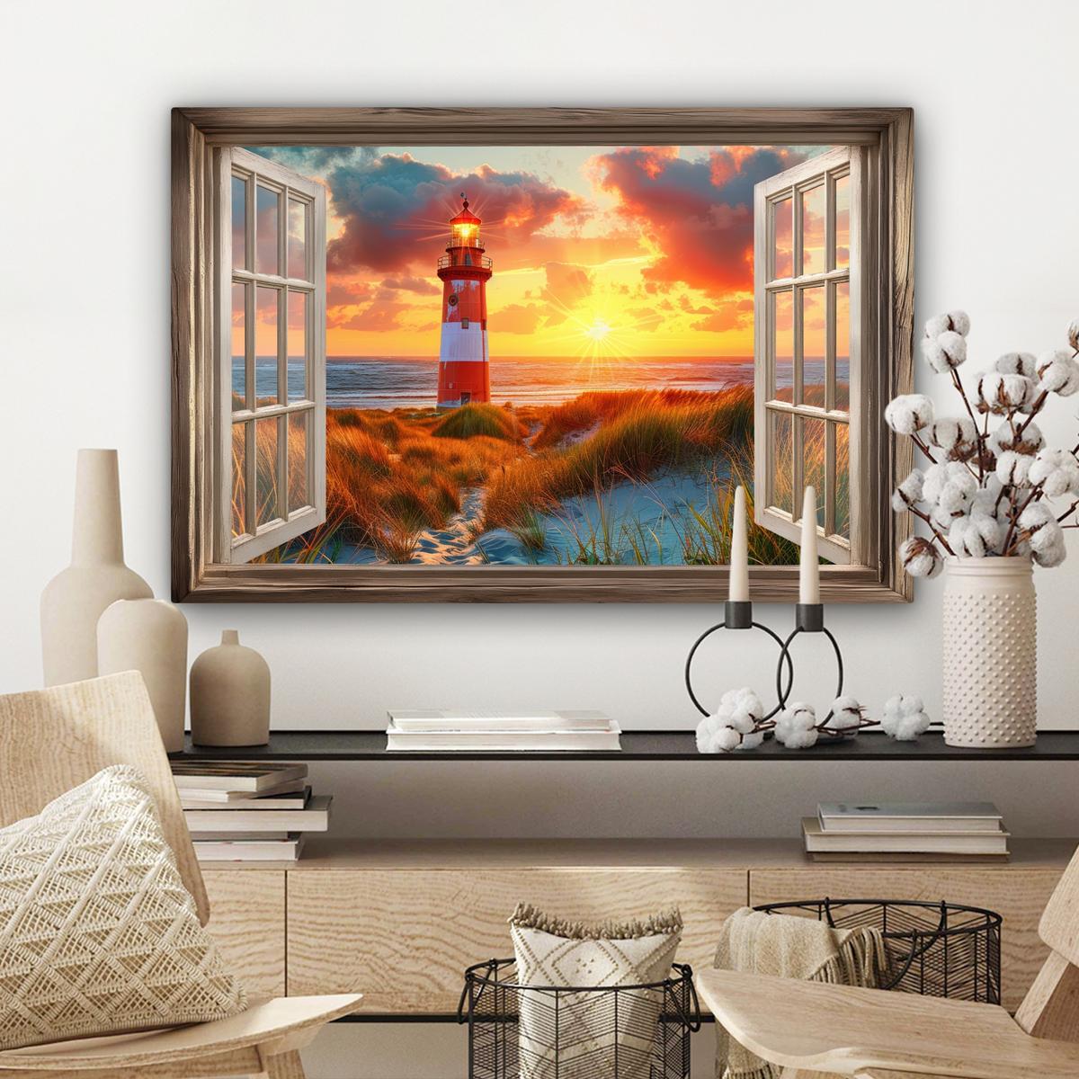 LEINWANDBILD Aussicht - Fenster - Leuchtturm - Sonnenuntergang - Strand Gemälde 60x40 cm - Dunkelorange, Textil (60/40cm) - MuchoWow
