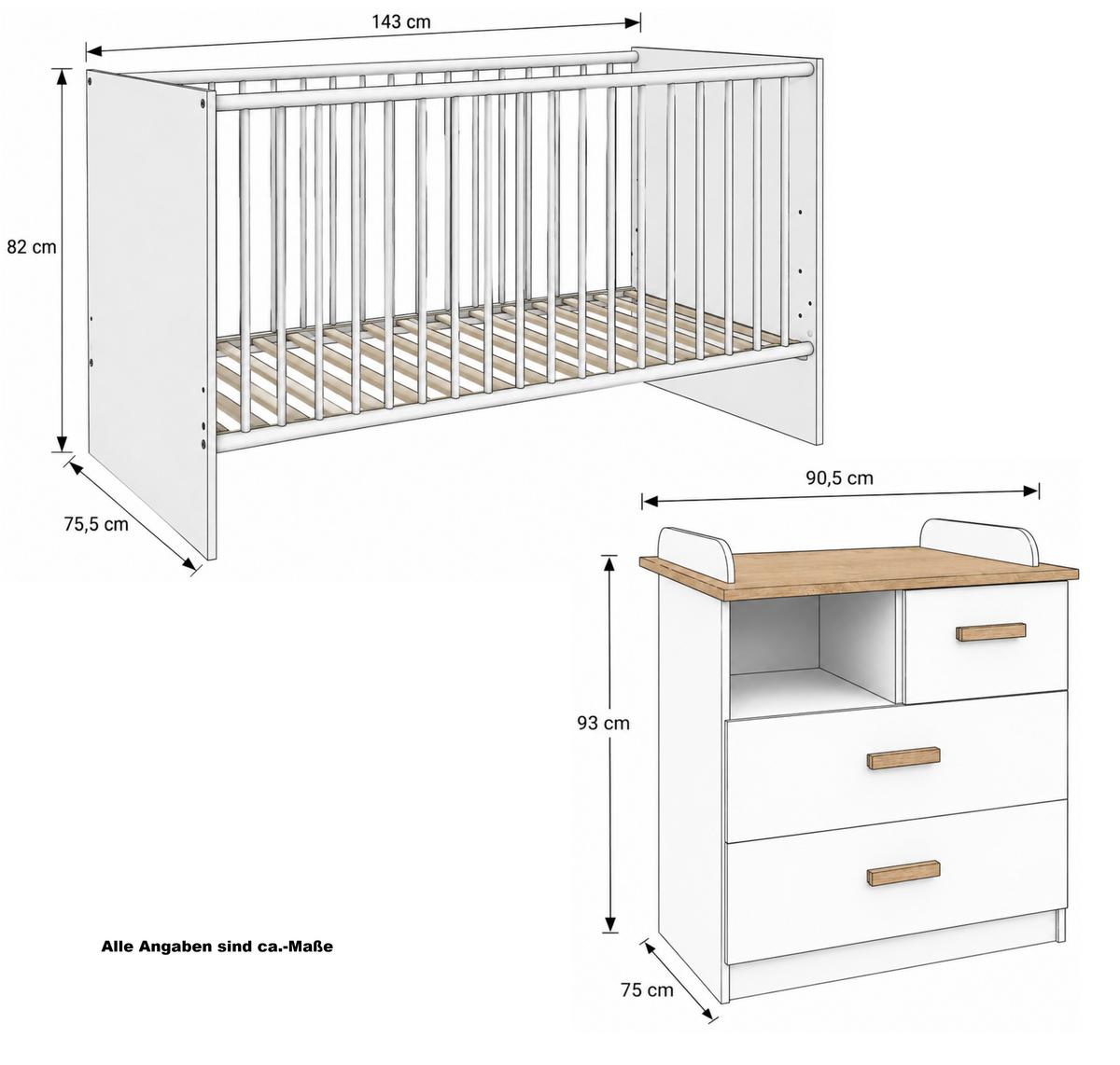 BABYZIMMER-SET 2-tlg.: Babybett & Wickelkommode, Weiß mit Eiche Dekor / 22811 - Eichefarben/Weiß, Holzwerkstoff (76/82/143cm) - luma-home