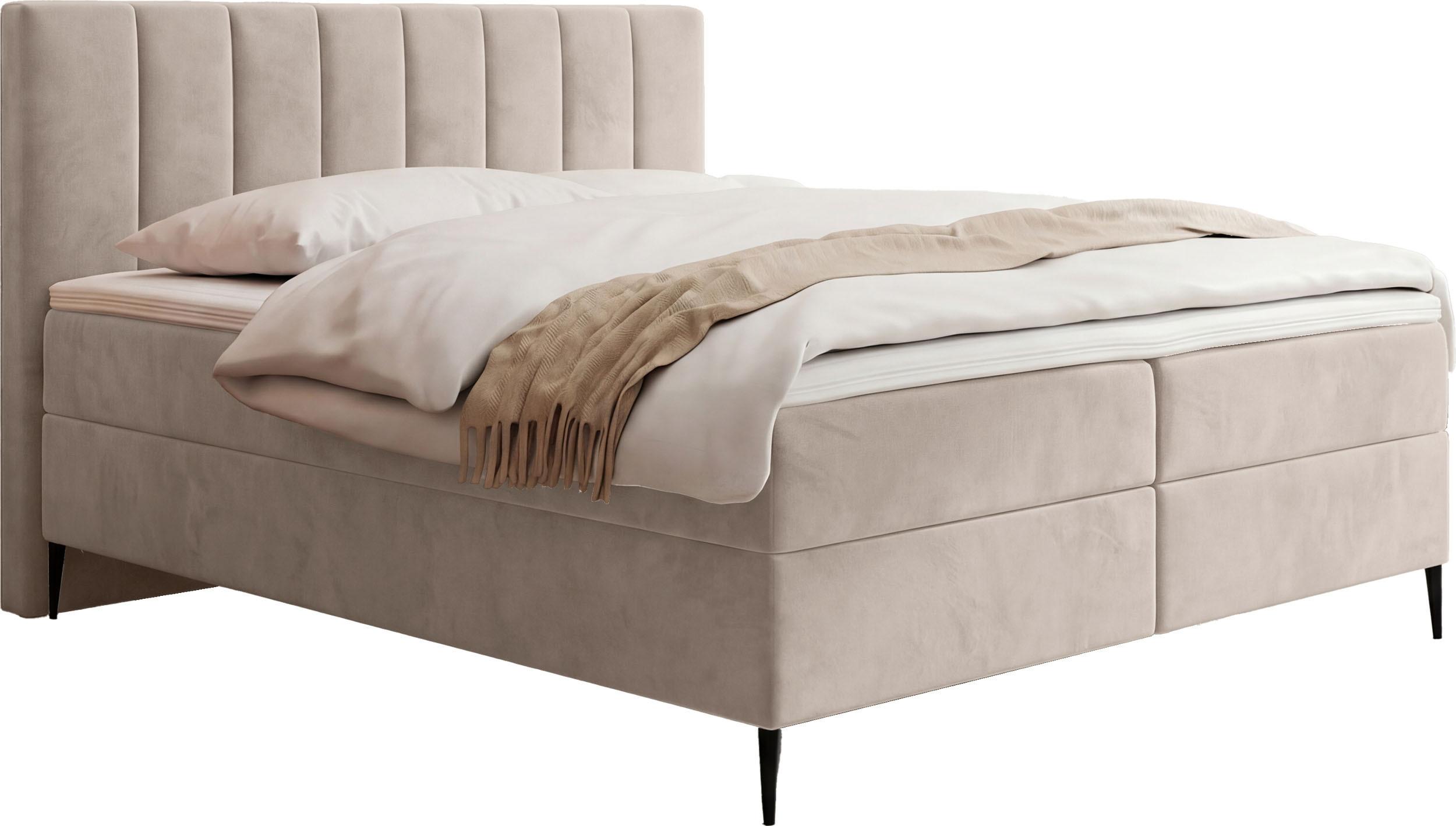 BOXBETT Allen mit Bettkasten, Samt Beige 140x200 cm – inkl. H4 Taschenfederkern Matratze & Foam Topper - Ecru/Beige, Holz/Textil (140/200cm) - WFL GROUP