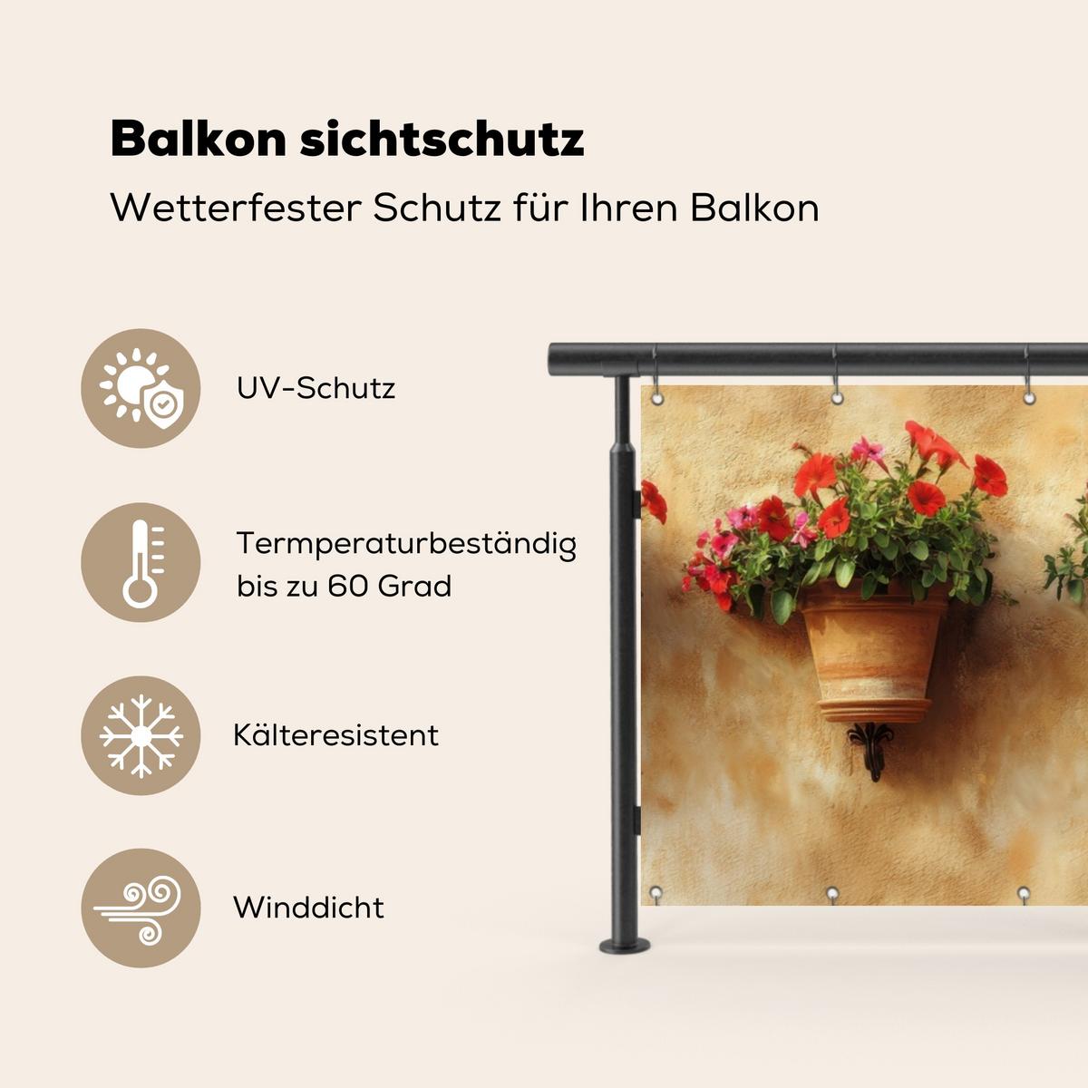 BALKON-SICHTSCHUTZ Blumentöpfe - Wand - Vintage Balkon Deko 300x110 cm - Terracotta, Kunststoff (300/110cm) - MuchoWow