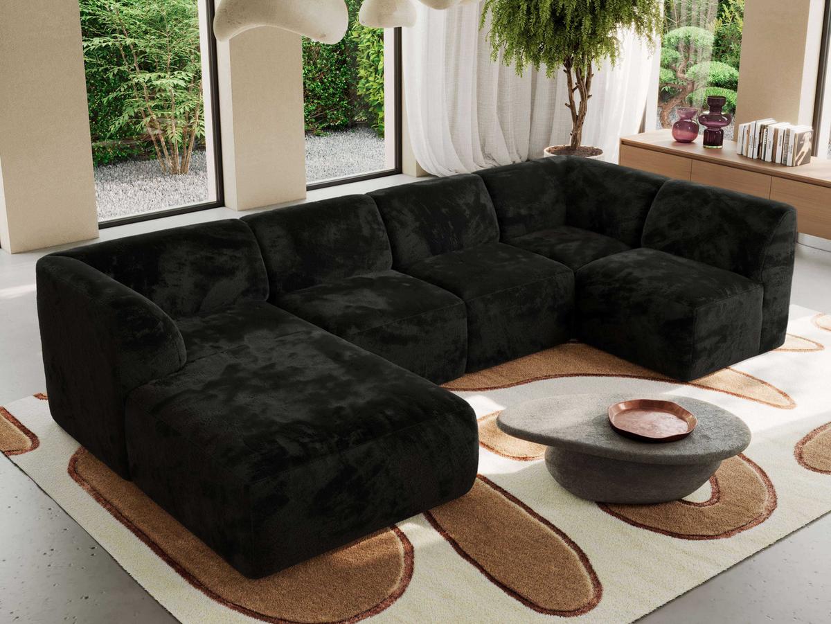 WOHNLANDSCHAFT MODARO U 6M - Schwarz Plüsch - Links - Schwarz, Textil (180/78/345cm) - MKS