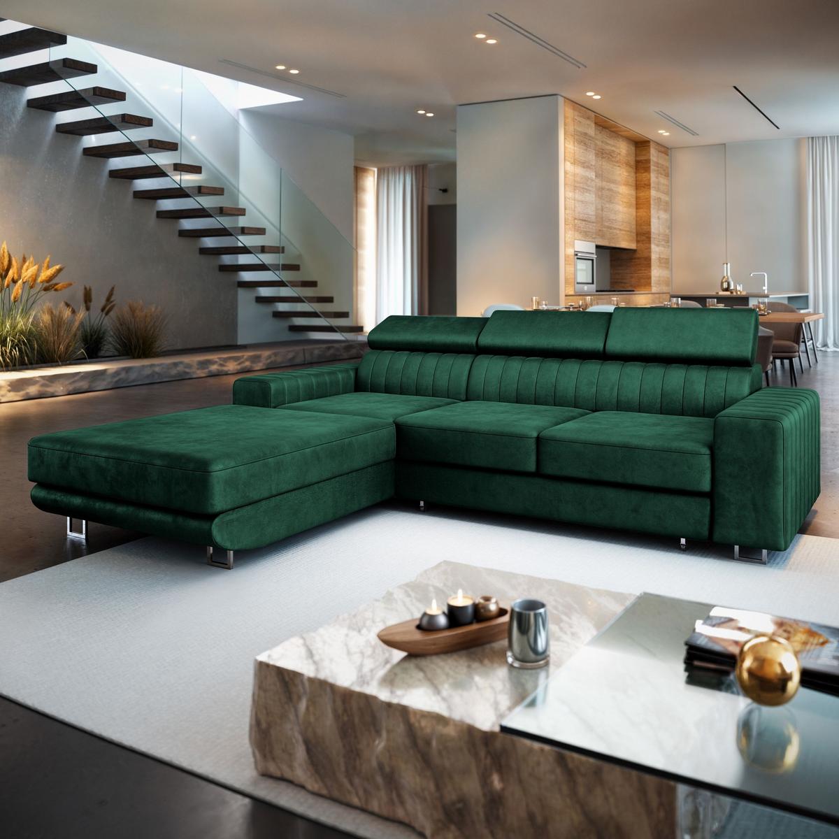 ECKSOFA NOTO L-S Grün Velours-Stoff mit Schlaffunktion - Silberfarben/Grün, Holz/Textil (267/190cm) - MASSENO