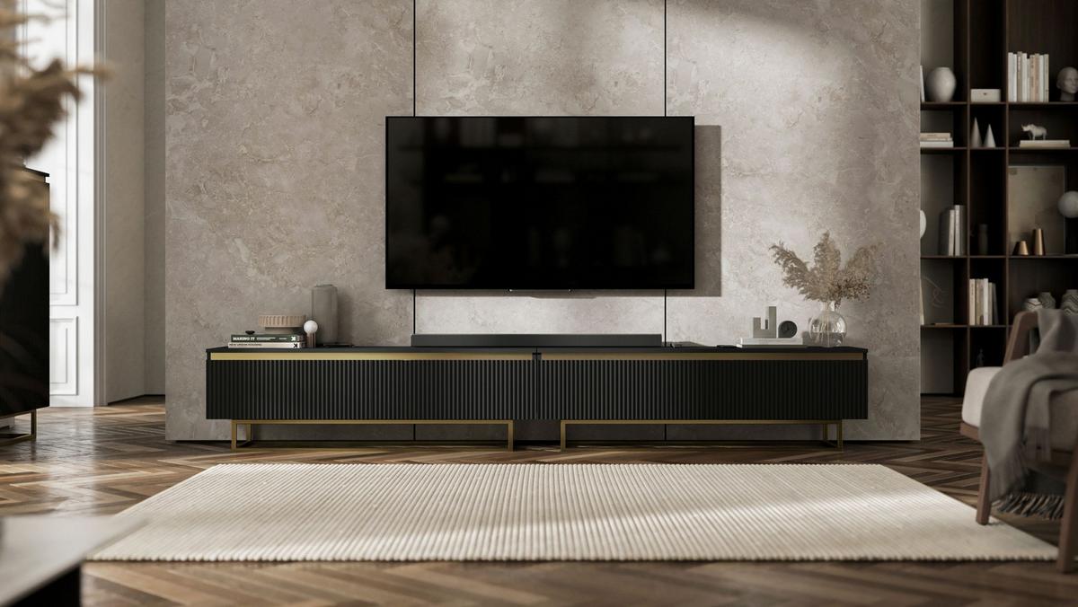 TV-LOWBOARD 2-er Set Selene Glamour Schwarz Matt mit Metallrahmen 140 cm - Goldfarben/Schwarz, Holzwerkstoff/Metall (280/44/35cm) - Meble Lindner