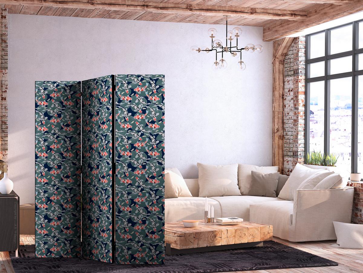 PARAVENT Akustik 3-tlg 135x172 cm Kois und Bl tter - Multicolor, Holz/Textil (135/172/3cm) - Muralo