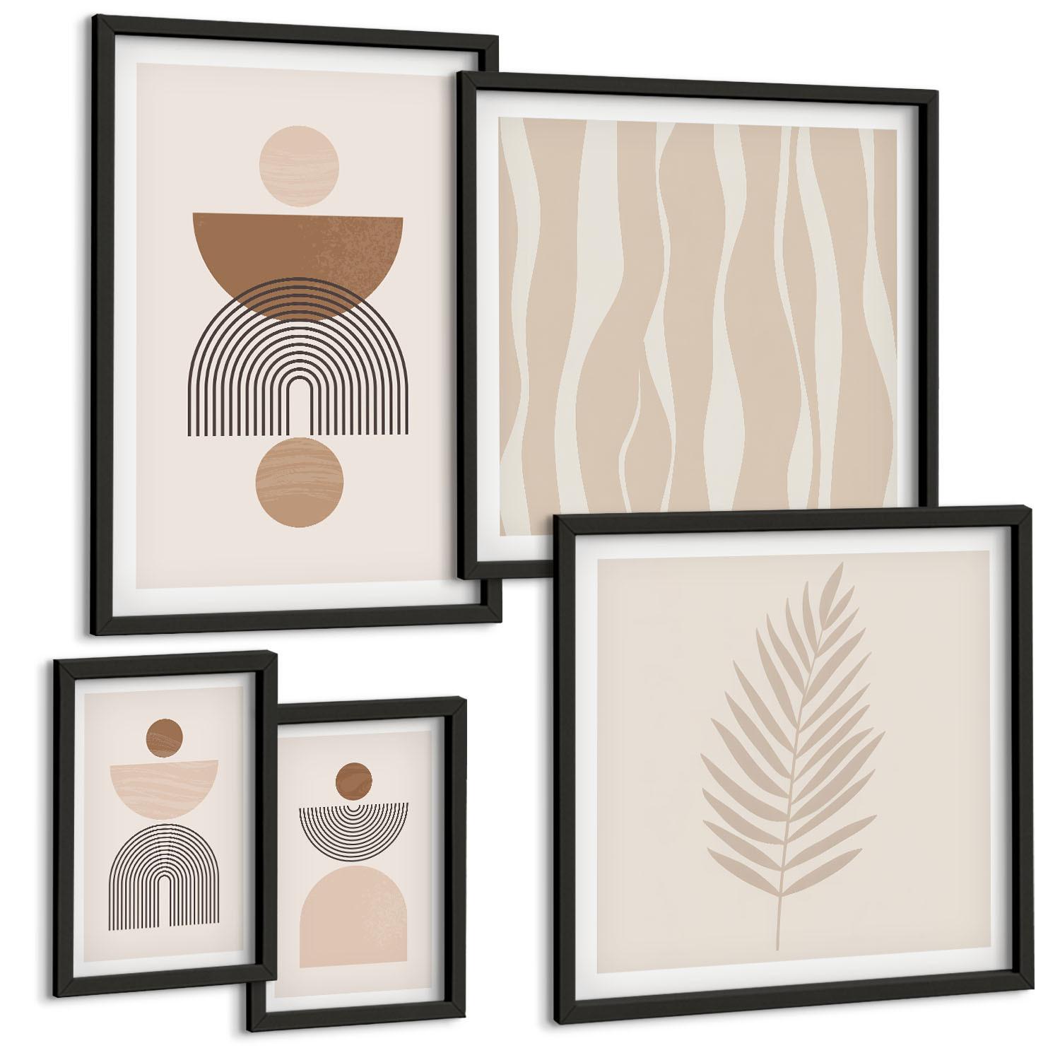 BILDER SET 5er Set - 50x50 cm & 20x30 cm & 40x60 cm Schwarzer Rahmen - Abstrakte Formen braun beige - Schwarz, Kunststoff (40/60cm) - TULUP