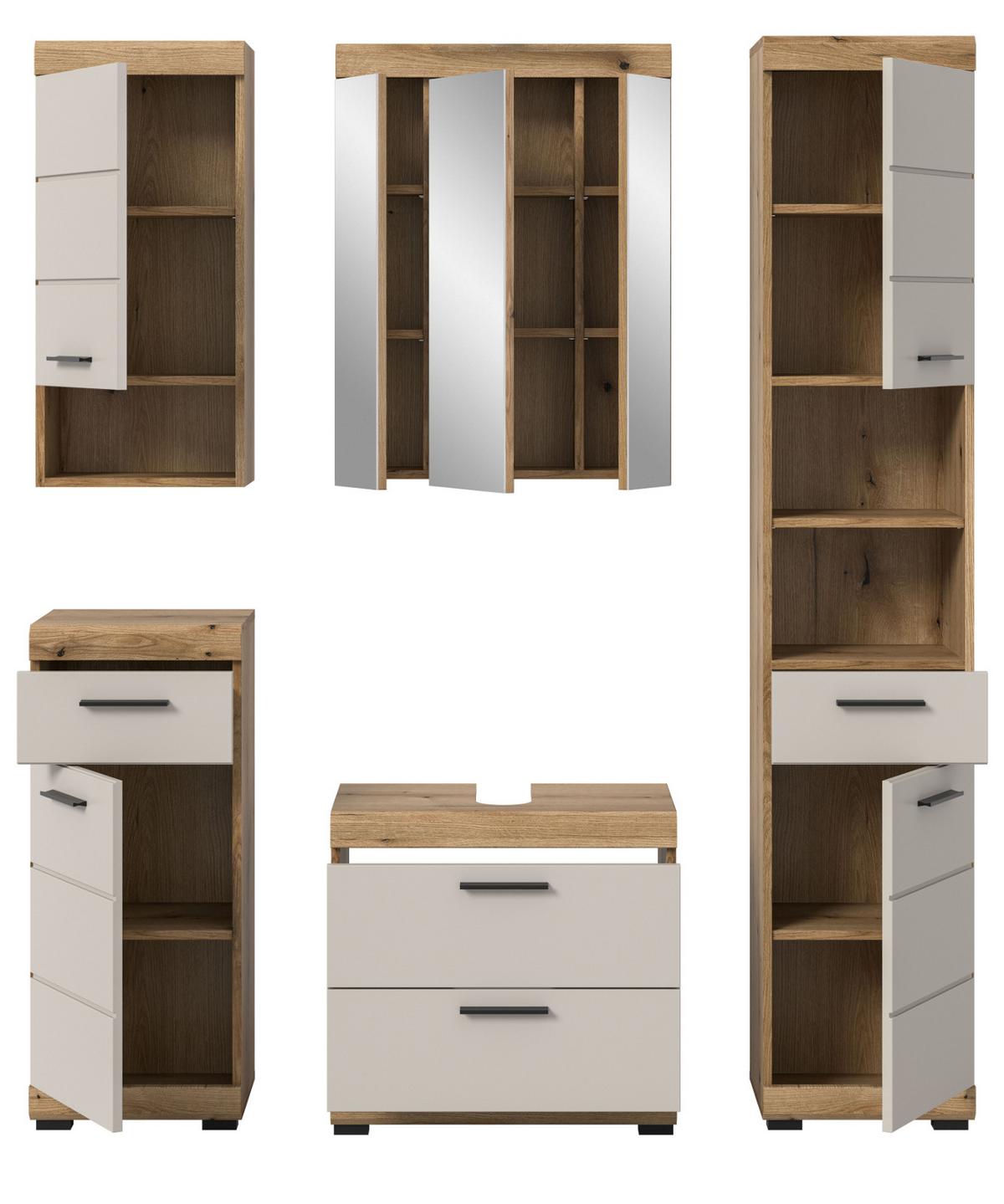 BADMÖBEL-SET Sand Kaschmir, Evoke Eiche, Badkombination 5-teilig 164 cm - Kaschmir/Eichefarben, Glas/Holzwerkstoff (164/191/34cm) - Inn.Furn