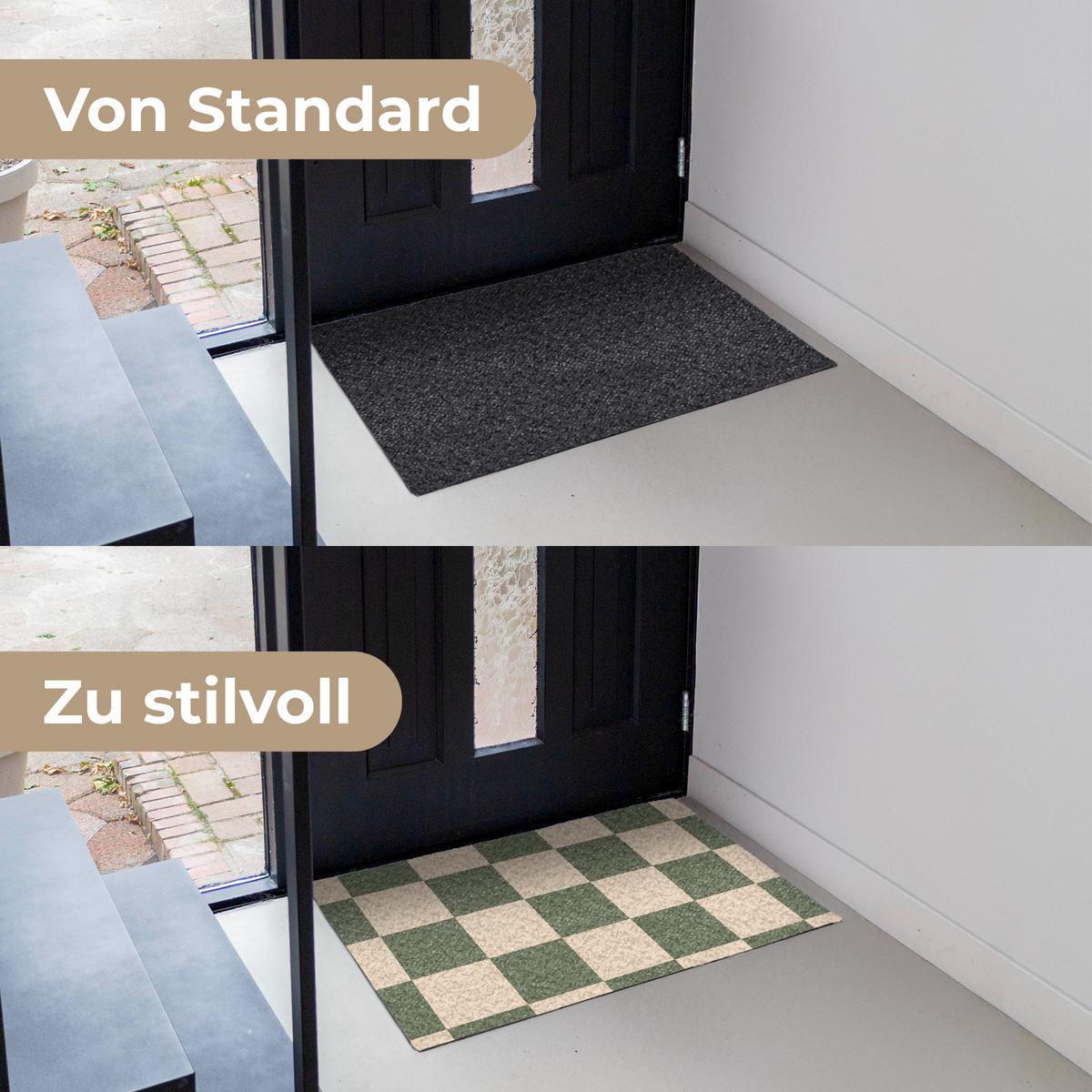 FUSSMATTE Schachbrettmuster - Grün - Beige - Blöcke Flurteppich 90x60 cm - Olivgrün, Kunststoff (90/0.4cm) - MuchoWow
