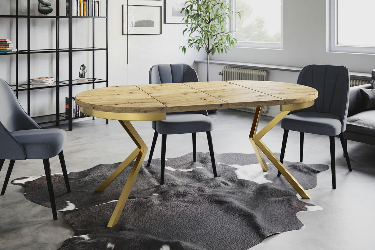 RUNDER Esszimmertisch BERGO, ausziehbarer Tisch Durchmesser: 100 cm/180 cm, Wohnzimmertisch Farbe: Mattbraun, mit Metallbeinen in Farbe Gold - Hellbraun/Goldfarben, Holzwerkstoff (100/100/76cm) - Alpi-Möbel