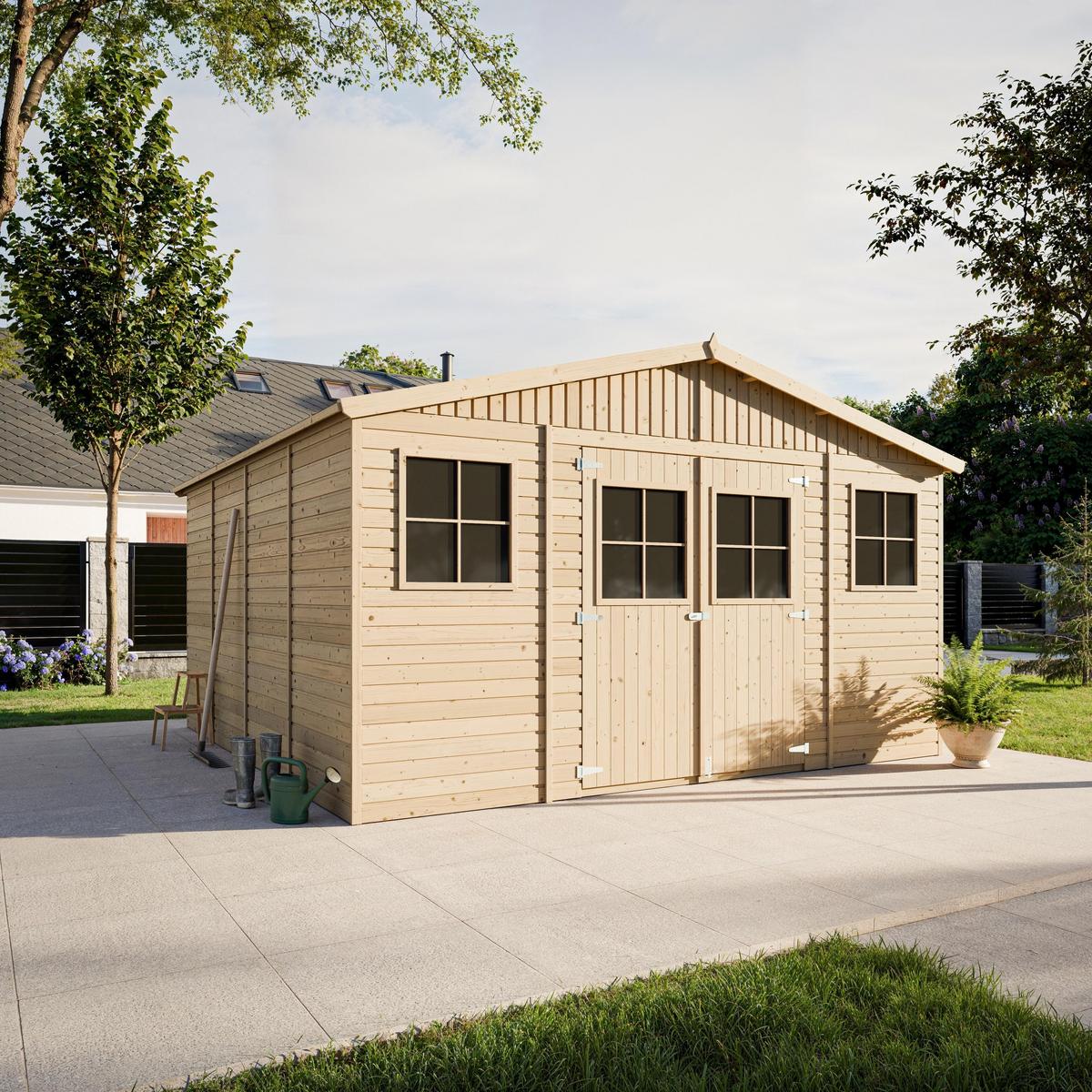 HOLZ-GARTENHAUS MIT IMPRÄGNIERTEM BODEN - H246 x 418 x 420 cm/ 16 m² - M330+330G - Beige, Holz (418/252/420cm) - Timbela