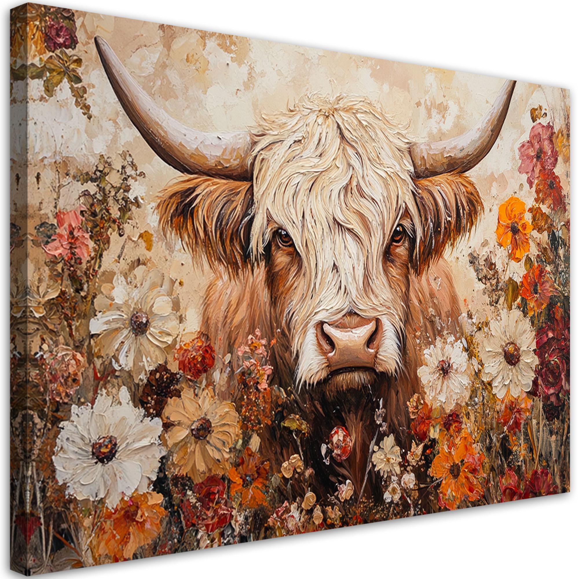 WANDBILD schottische kuh retro blumen - Beige, Textil (60/40cm) - Feeby