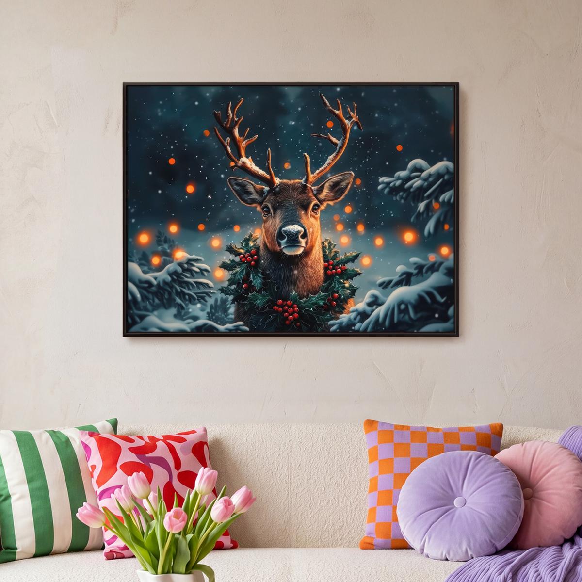 LEINWAND Bilder mit Rahmen - Hirsch - Weihnachten - Winter - Schnee - Weihnachtskranz - 80x60 - Dunkelbraun, Textil (80/60cm) - MuchoWow