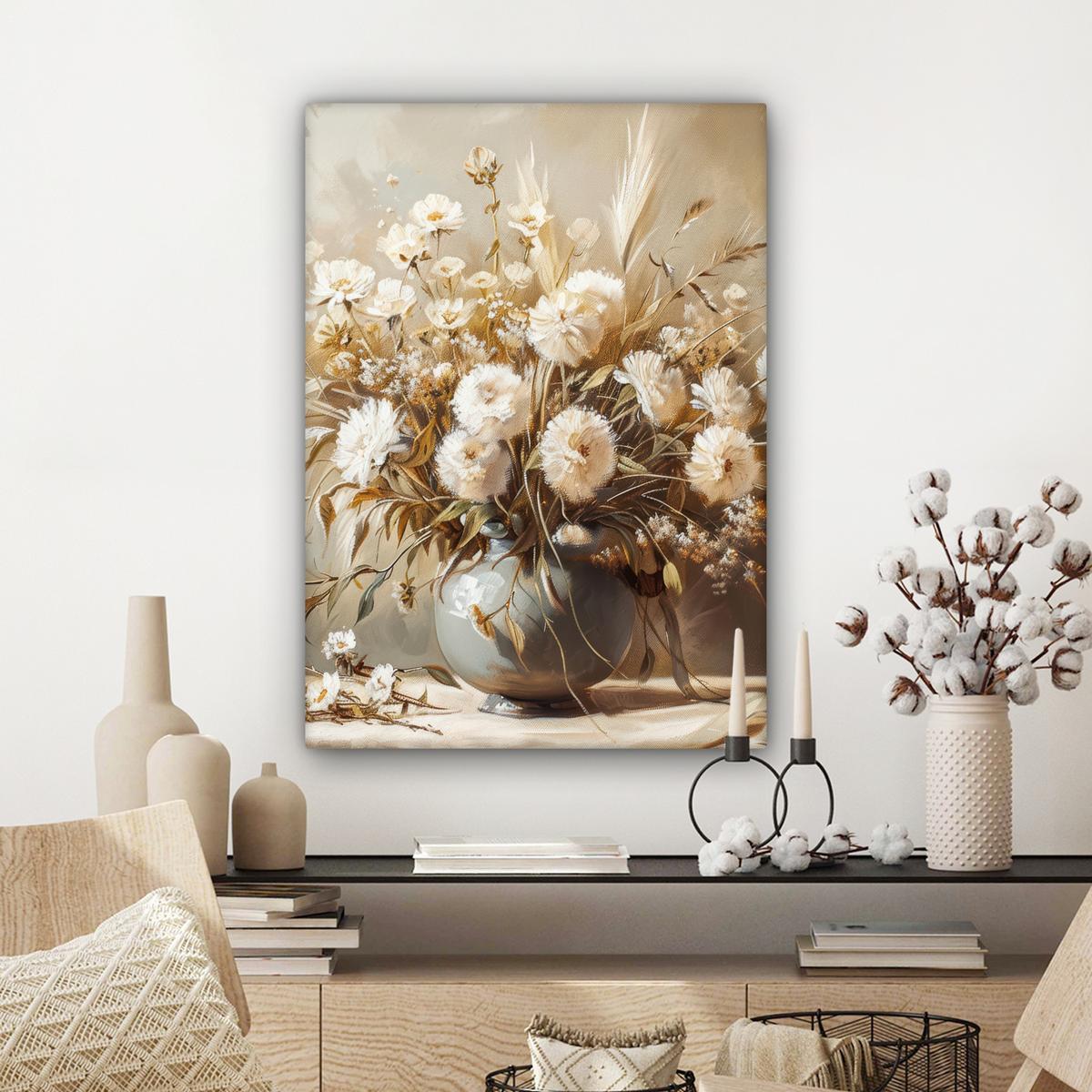 LEINWANDBILD Blumen - Vase - Stilleben - Beige Wandbild Wohnzimmer 60x80 cm - Creme, Textil (60/80cm) - MuchoWow