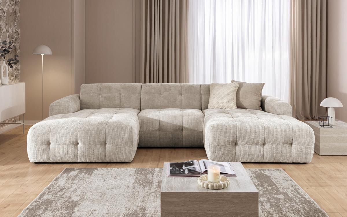 WOHNLANDSCHAFT in U-Form mit raffinierten Steppungen, 6-Sitzer, Wellenunterfederung, B323/T161/H79 cm, Chenille-Bezug in Sandgrau / 21048 - Sandfarben/Greige, Kunststoff/Textil (323/79/161cm) - luma-home