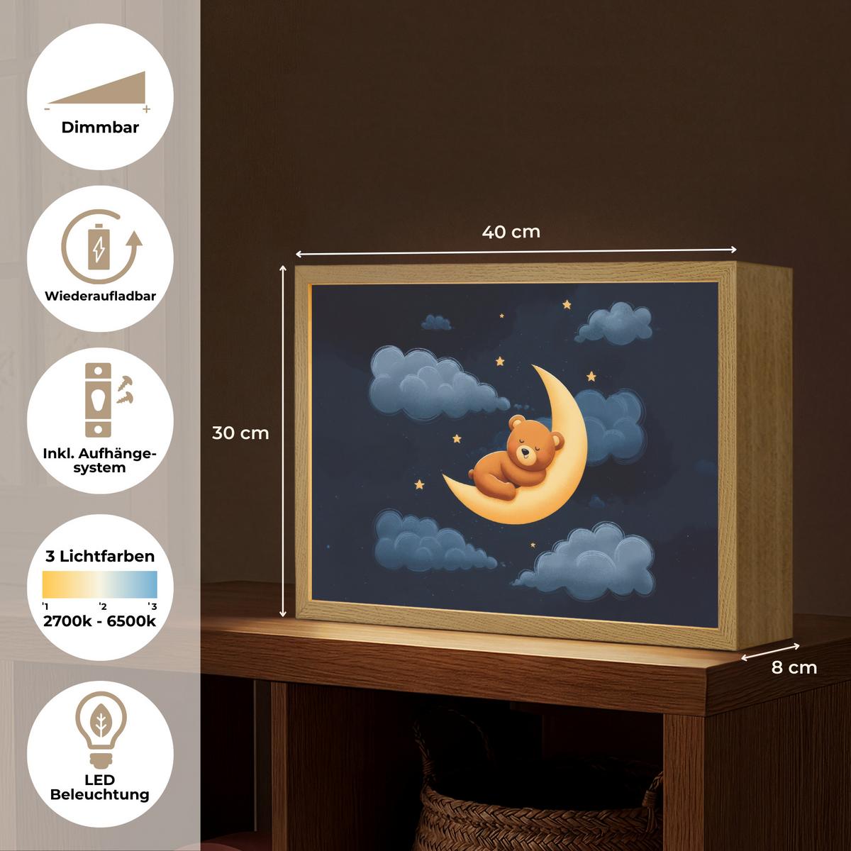 WANDLEUCHTE MIT AKKU Teddybär - Mond - Wolken - Sterne 40x30 cm - Dunkelblau, Holzwerkstoff (40/30/8cm) - OnlyWow