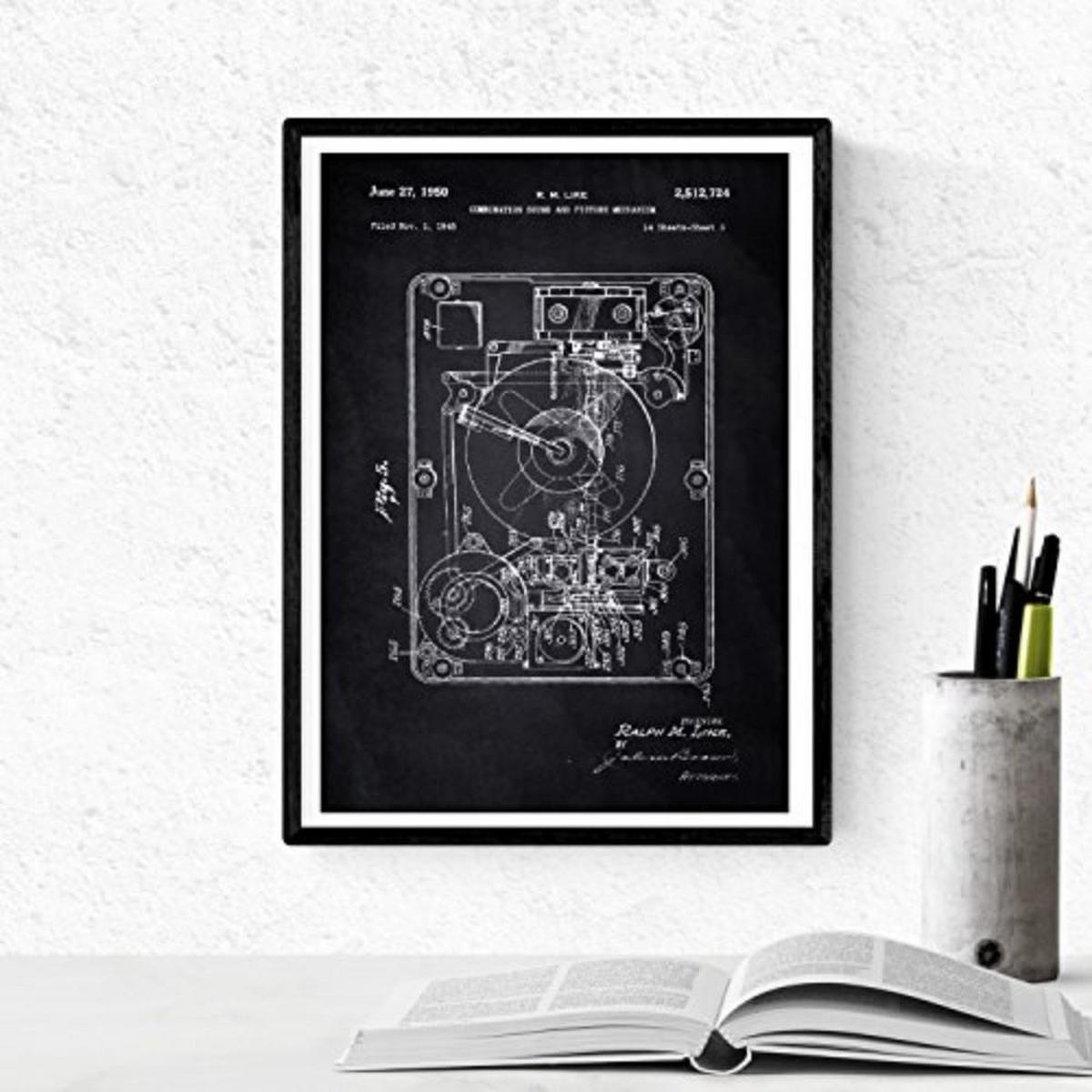 POSTER Set mit 4 Schwarz Drehscheibe Patenten A4 Schwarzer Rahmen - Schwarz, Papier (29.7/3cm) - Nacnic