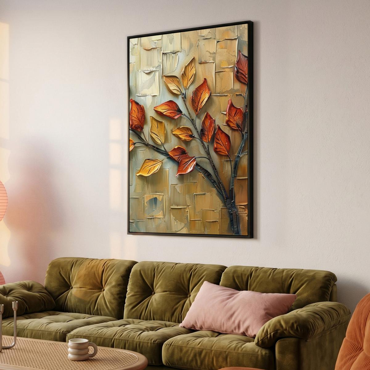 LEINWAND Bilder mit Rahmen - Baum - Abstrakt - Natur - Kunst - 90x140 - Goldfarben, Textil (90/140cm) - MuchoWow