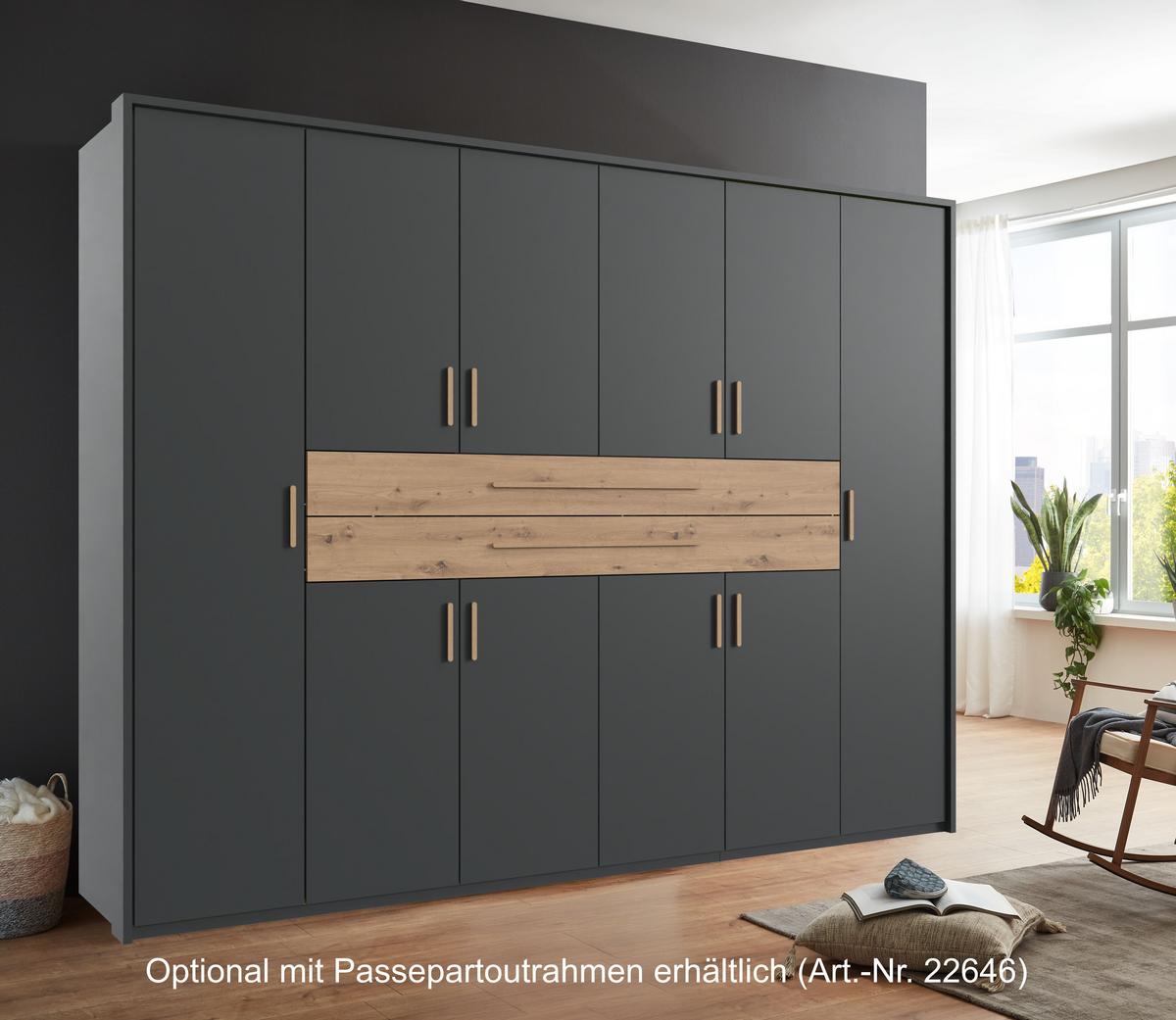DREHTÜRENSCHRANK B270/H208/T58 cm in Grafit, Kleiderschrank mit 2 großen Schubkästen und Griffen in Eiche Artisan Dekor / 22643 - Graphitfarben/Eiche Artisan, Holzwerkstoff/Kunststoff (270/208/58cm) - luma-home