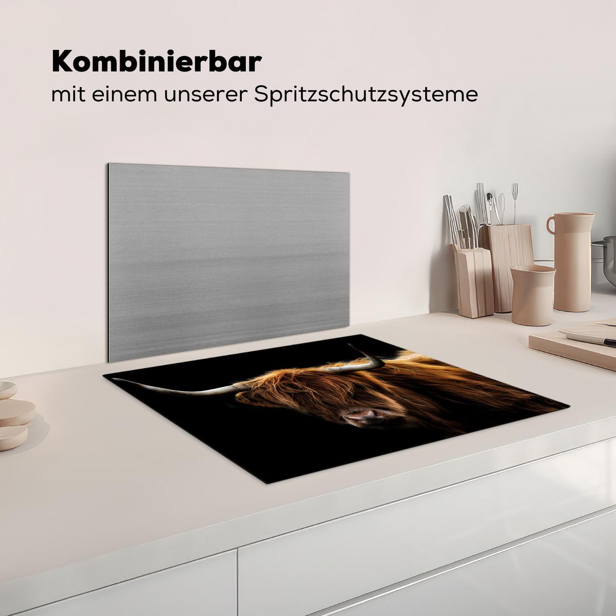 HERDABDECKPLATTE Schottischer Highlander - Hörner - Schwarz - Tiere - Natur - Wild - Kuh Herdabdeckung Induktionsfeld 65x52 cm - Cognac, Kunststoff (65/52/0.2cm) - MuchoWow