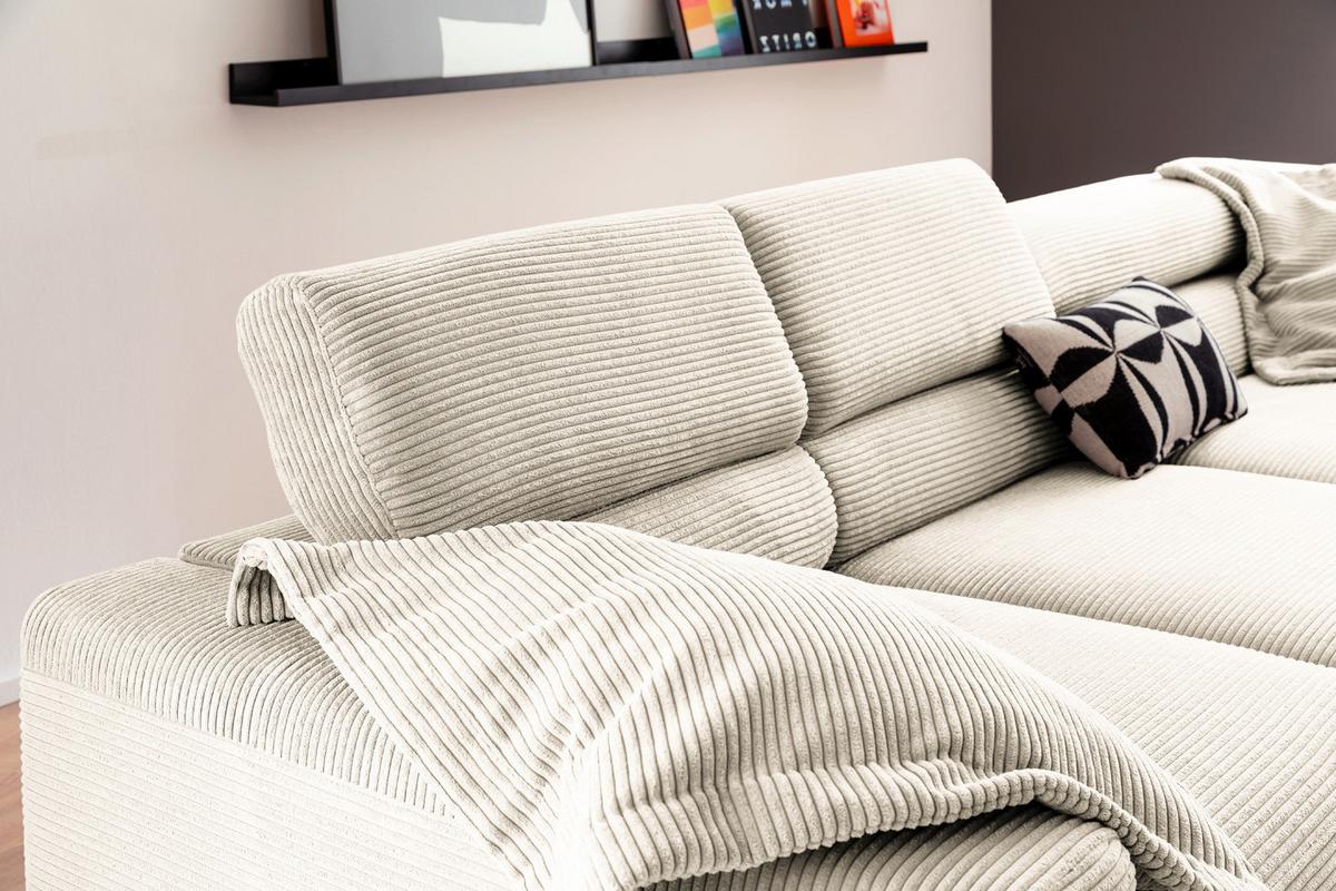 ECKSOFA MIT MOTORISCHEM SITZVORZUG DELIA Cremeweiß Cord Relaxfunktion - Creme/Schwarz, Textil/Metall (312/219cm) - KAWOLA