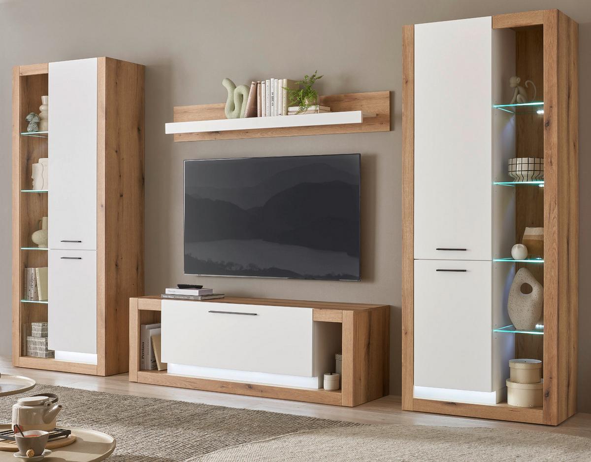WOHNWAND weiß matt, Evoke Eiche, Wohnkombination Set 4-teilig 350 cm - Eichefarben/Silberfarben, Glas/Holzwerkstoff (350/195/43cm) - Furn.Design