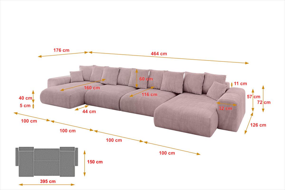 WOHNLANDSCHAFT mit Schlaffunktion ESKAR-U2-464x176x72cm Rosa - Rosa, Holzwerkstoff/Kunststoff (176/72/464cm) - ALTDECOR