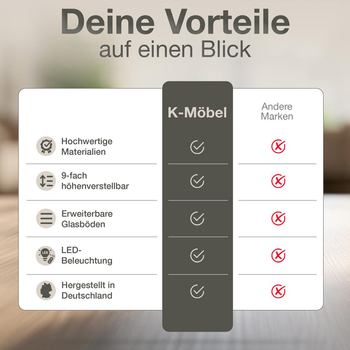 VITRINE 33/67/176 cm mit Spiegel, LED, Schloss & 4 höhenverstellbaren Glasböden - Transparent/Silberfarben, Glas/Holzwerkstoff (67/176/33cm) - K-Möbel