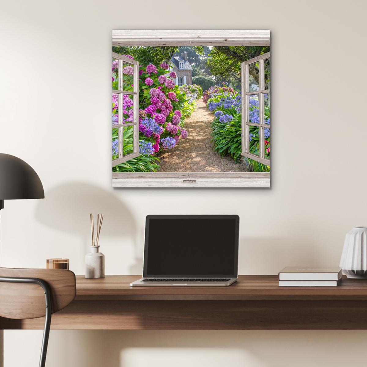 METALLBILD Hortensie - Durchsichtig - Blumen - Sommer - Lila - Weg 50x50 cm - Lila, Metall (50/50cm) - MuchoWow