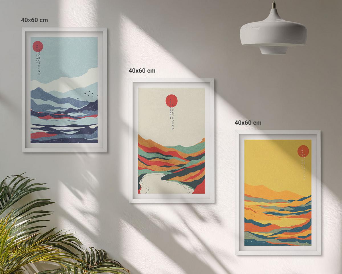 BILDER SET 3er Set - 40x60 cm Weißer Rahmen - Abstraktion von farbenfrohen Bergen und Flüssen - Weiß, Kunststoff (40/60cm) - TULUP