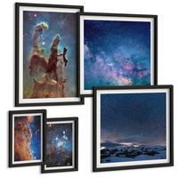 BILDER SET 5er Set - 50x50 cm & 20x30 cm & 40x60 cm Schwarzer Rahmen - Weltraumlandschaften von Galaxien - Schwarz, Kunststoff (40/60cm) - TULUP