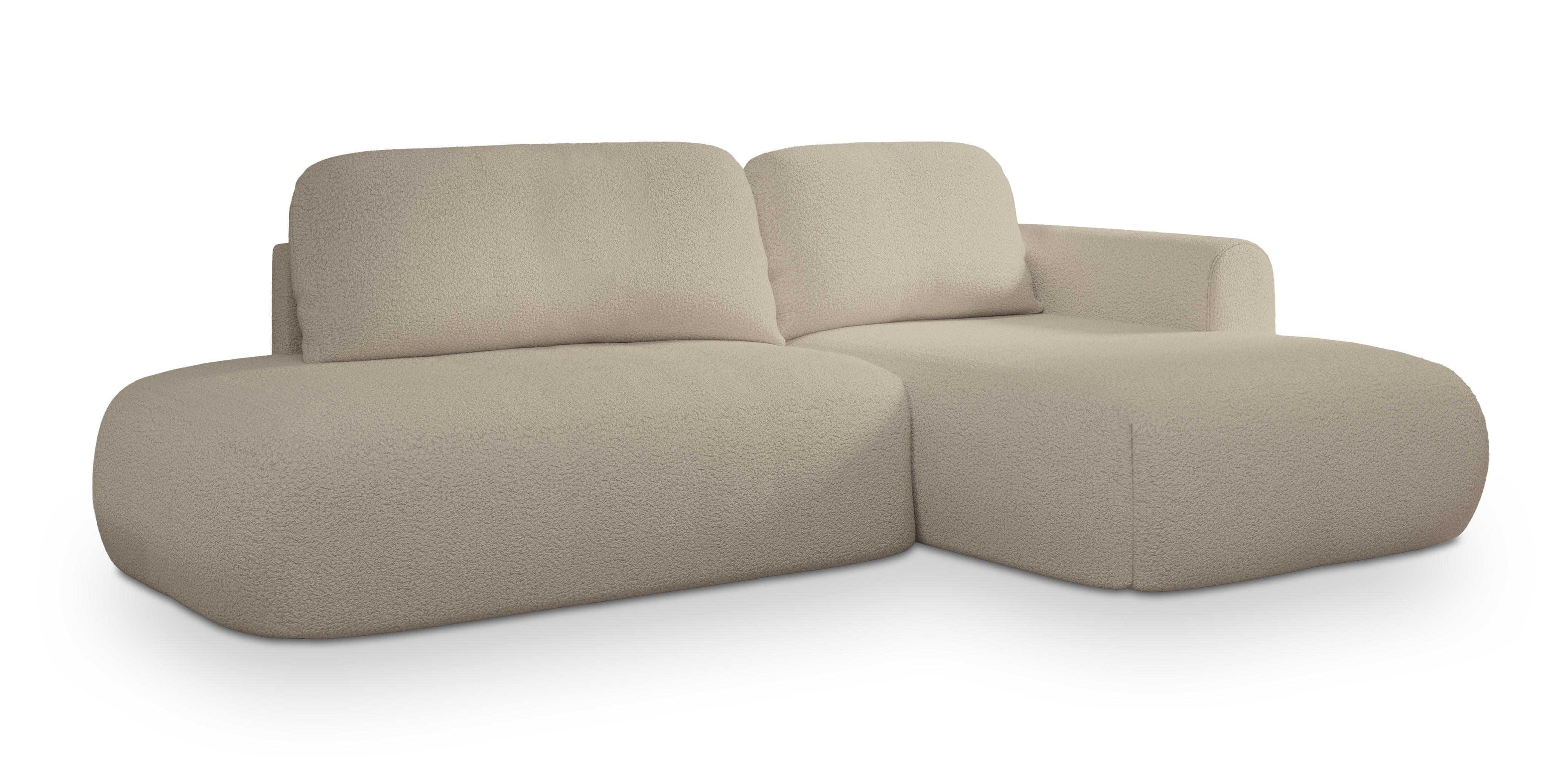 ECKSOFA NUVIRA R-S Beige Boucle-Stoff mit Schlaffunktion - Beige, Holz (279/158cm) - MASSENO