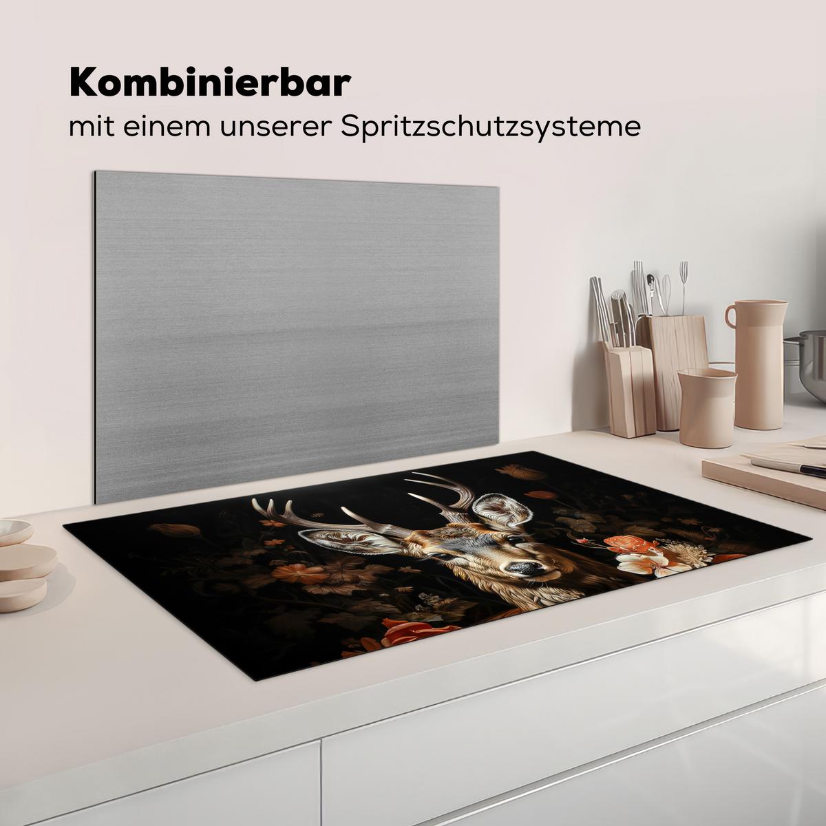 HERDABDECKPLATTE Hirsch - Tier - Blumen - Natur - Botanisch Induktionsschutz 89.6x51.6 cm - Kupferfarben, Kunststoff (89.6/51.6/0.2cm) - MuchoWow