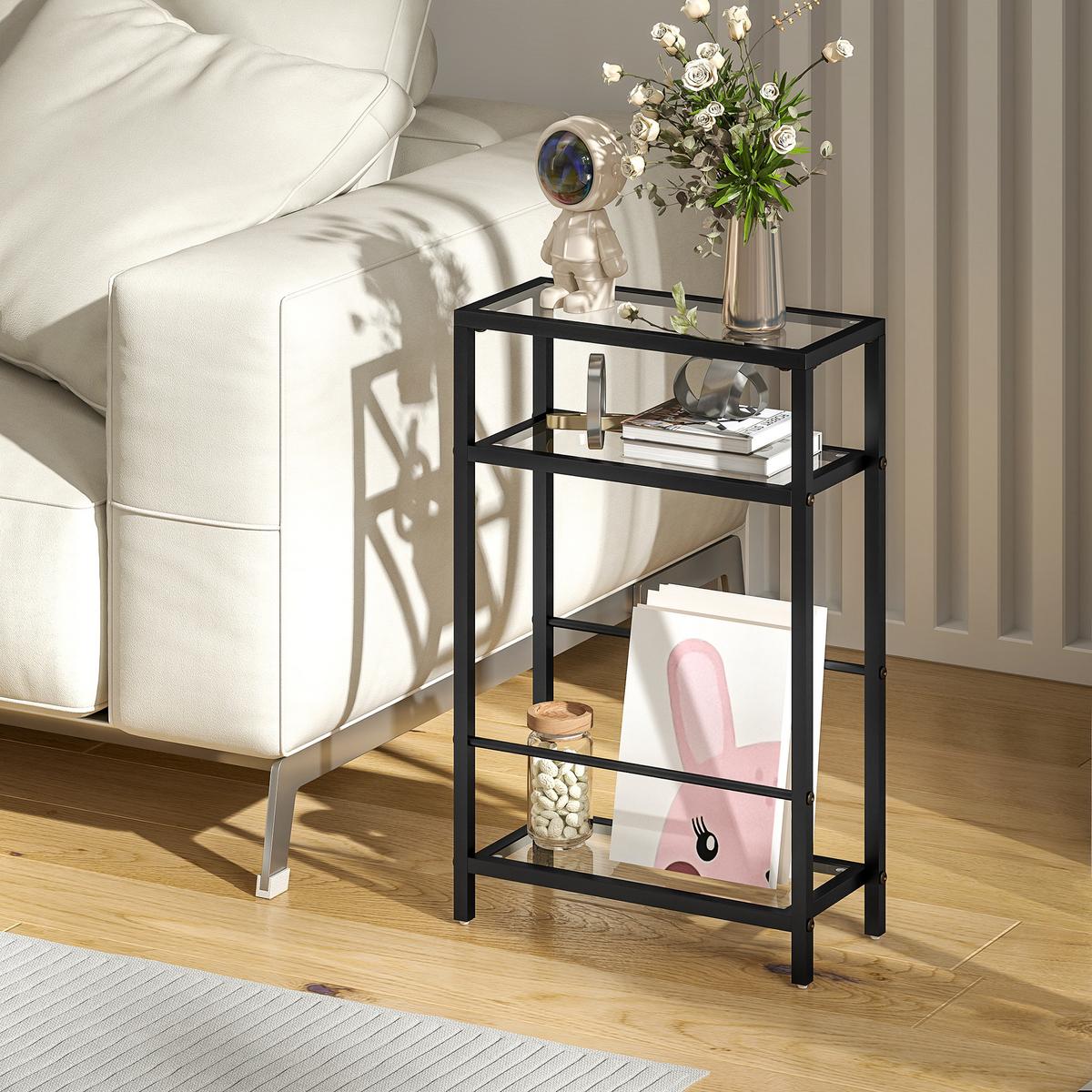 BEISTELLTISCH kleiner Couchtisch mit 3 Ebenen, Tischplatte aus Hartglas Schwarz - Schwarz, Metall (40/18/62cm) - HOMCOM