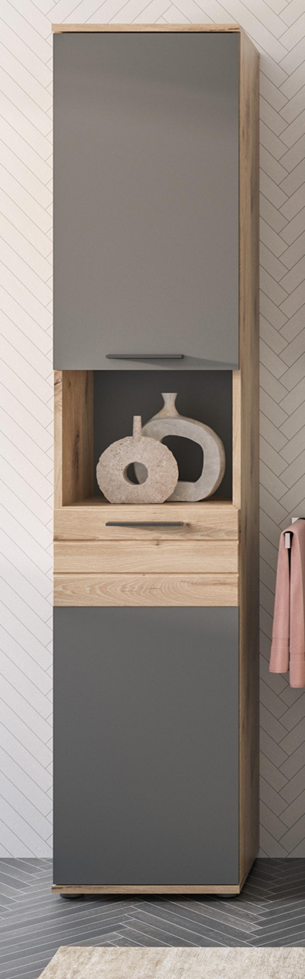 HOCHSCHRANK Eiche, grau 37 x 190 cm, Badschrank mit Soft-Close - Eichefarben/Schwarz, Holzwerkstoff/Kunststoff (37/190/34cm) - Inn.Furn