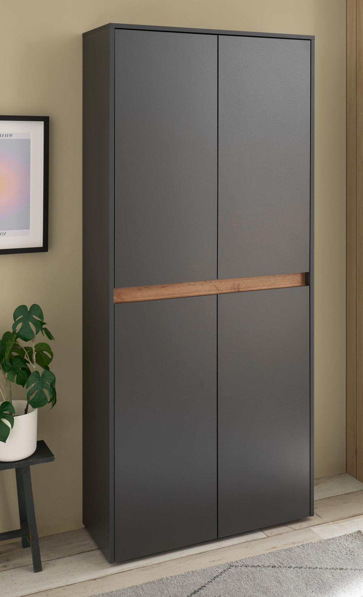 SCHUHSCHRANK grau matt, Eiche Wotan 85 x 195 cm, Flurschrank 4-türig - Eiche Wotan/Schwarz, Holzwerkstoff/Kunststoff (85/195/35cm) - Furn.Design