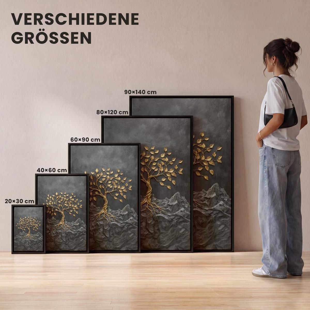LEINWAND Bilder mit Rahmen - Blätter - Gold - Baum - Fels - 60x90 - Schwarz, Textil (60/90cm) - MuchoWow
