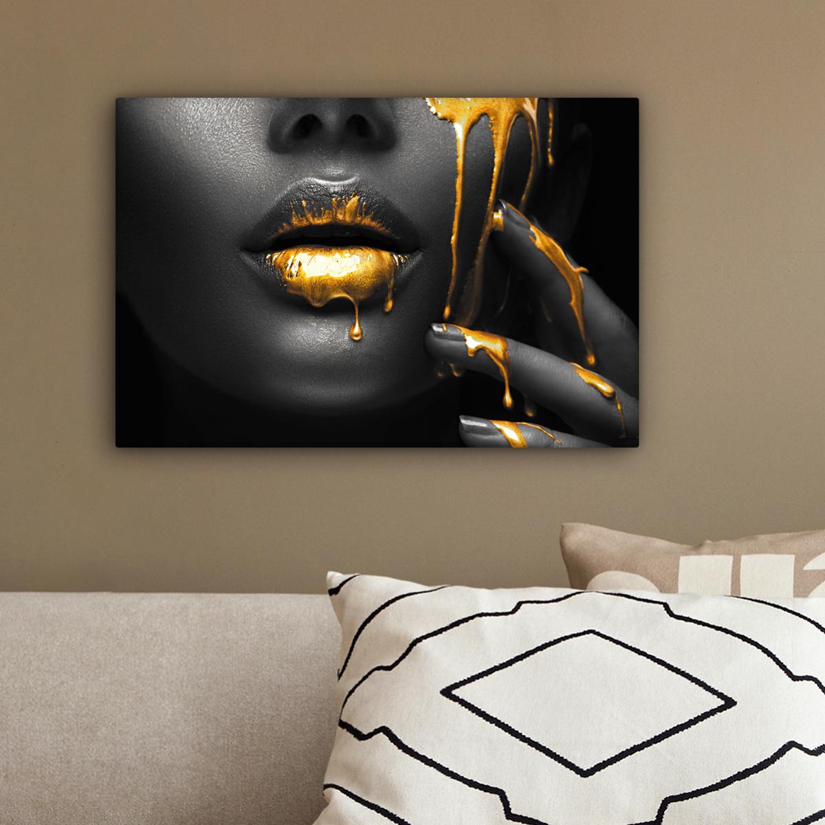 LEINWANDBILD Frau - Schwarz - Gold - Gesicht - Lippen Deko Schlafzimmer 30x20 cm - Goldfarben, Textil (30/20cm) - MuchoWow