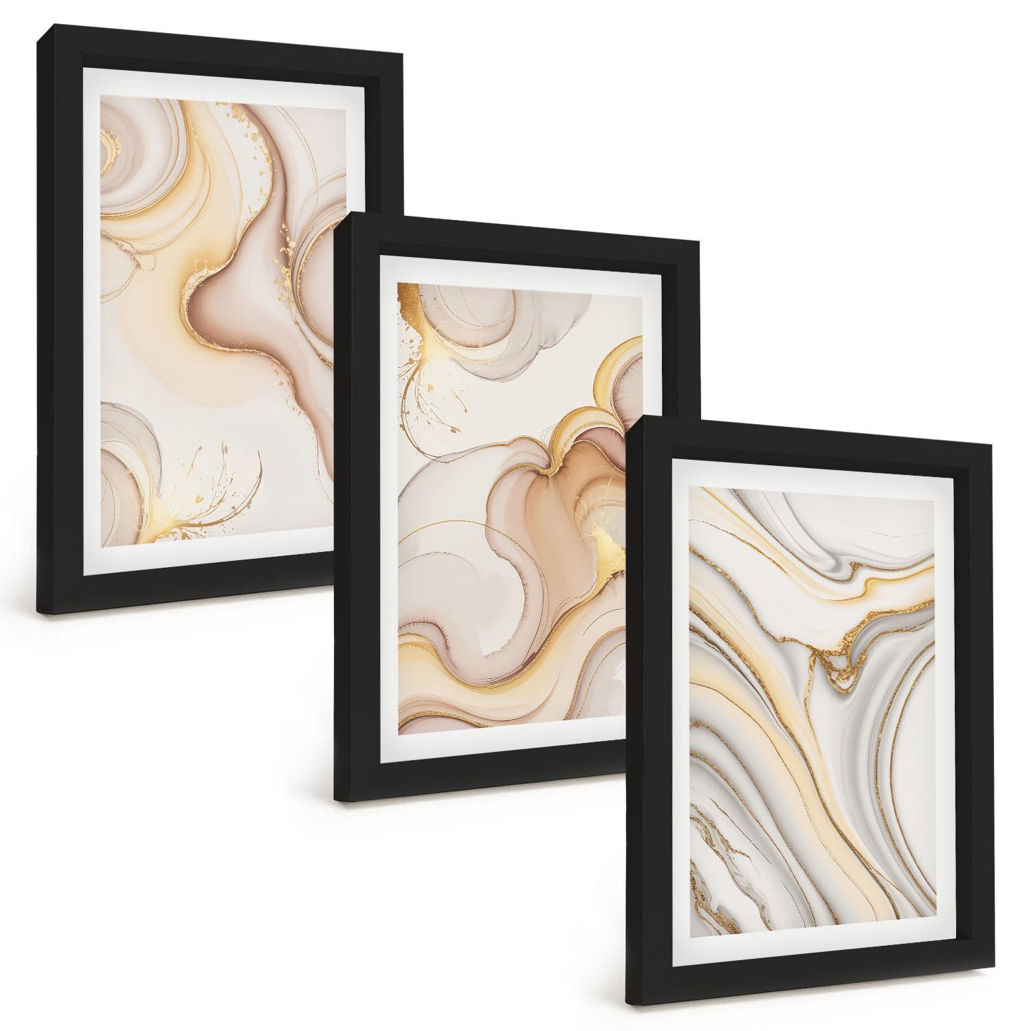 BILDER SET 3er Set - 20x30 cm Schwarzer Rahmen - Lineare abstrakte Motive - Schwarz, Kunststoff (20/30cm) - TULUP