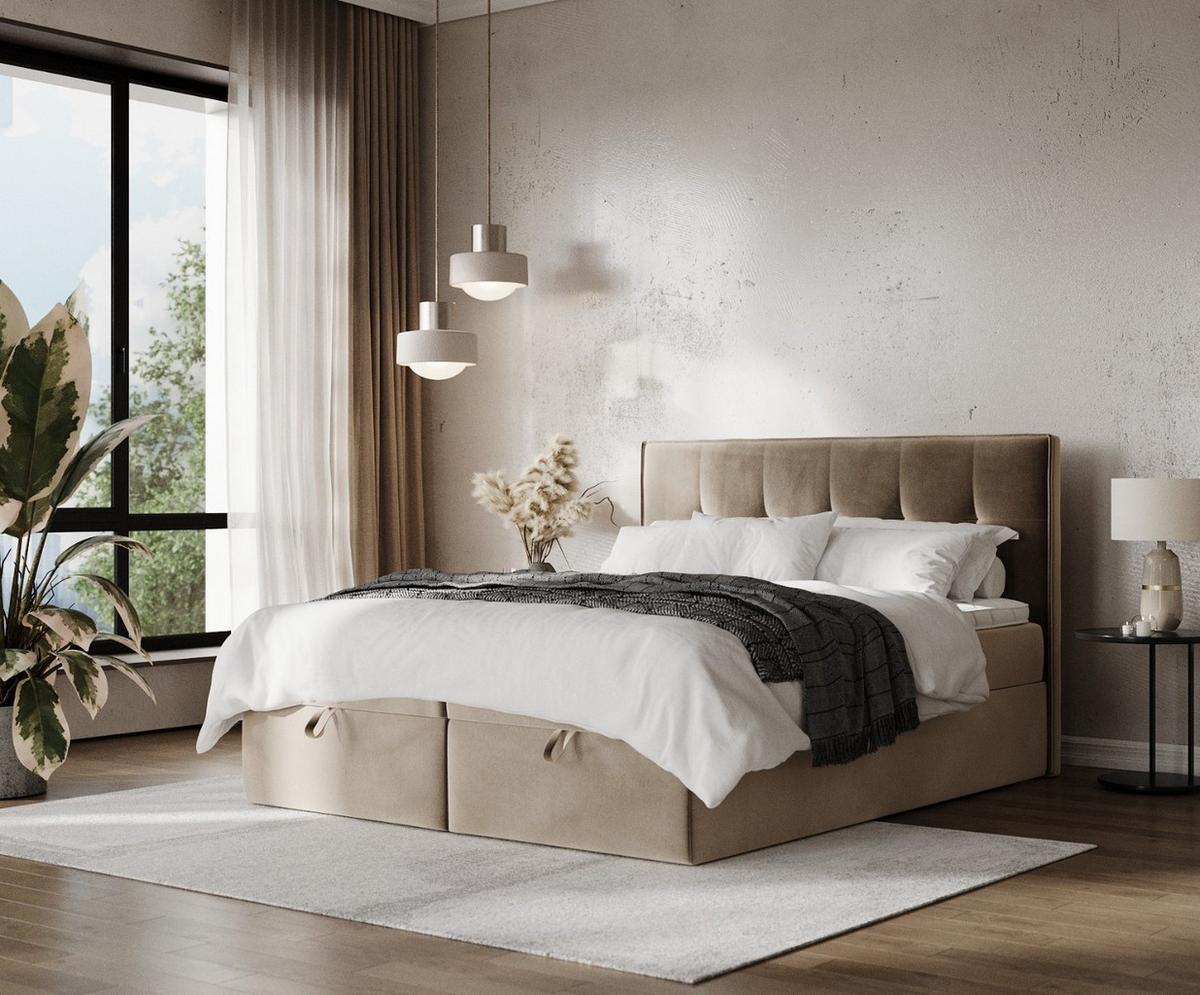 BOXBETT Tivra 160/200 cm Taupe im Paros Stoff - Taupe/Schwarz, Holz/Holzwerkstoff (160/200cm) - AltaBeds