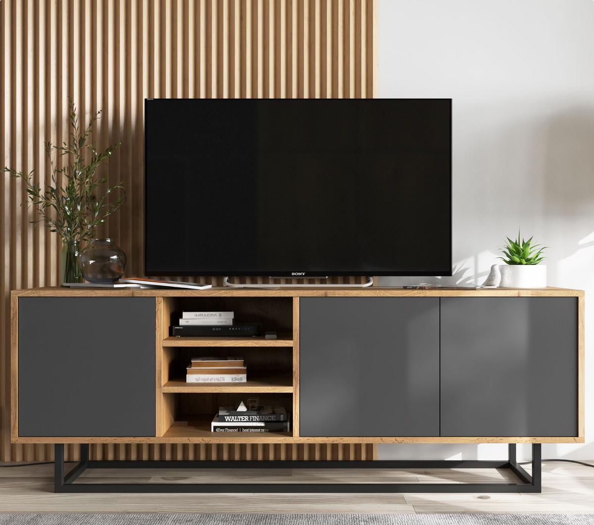 TV-LOWBOARD Apollo Eiche wotan Graphit Matt 150/53/35 cm - Graphitfarben/Schwarz, Holzwerkstoff/Metall (150/53/35cm) - Meble Lindner