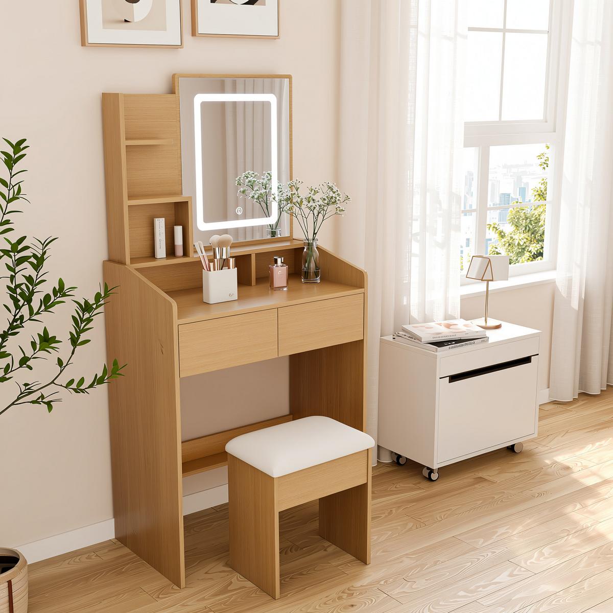 SCHMINKTISCH holzoptik 60 cm mit LED-Spiegel, Steckdose & Hocker - Naturfarben, Holzwerkstoff (60/130/36cm) - Urban Meuble