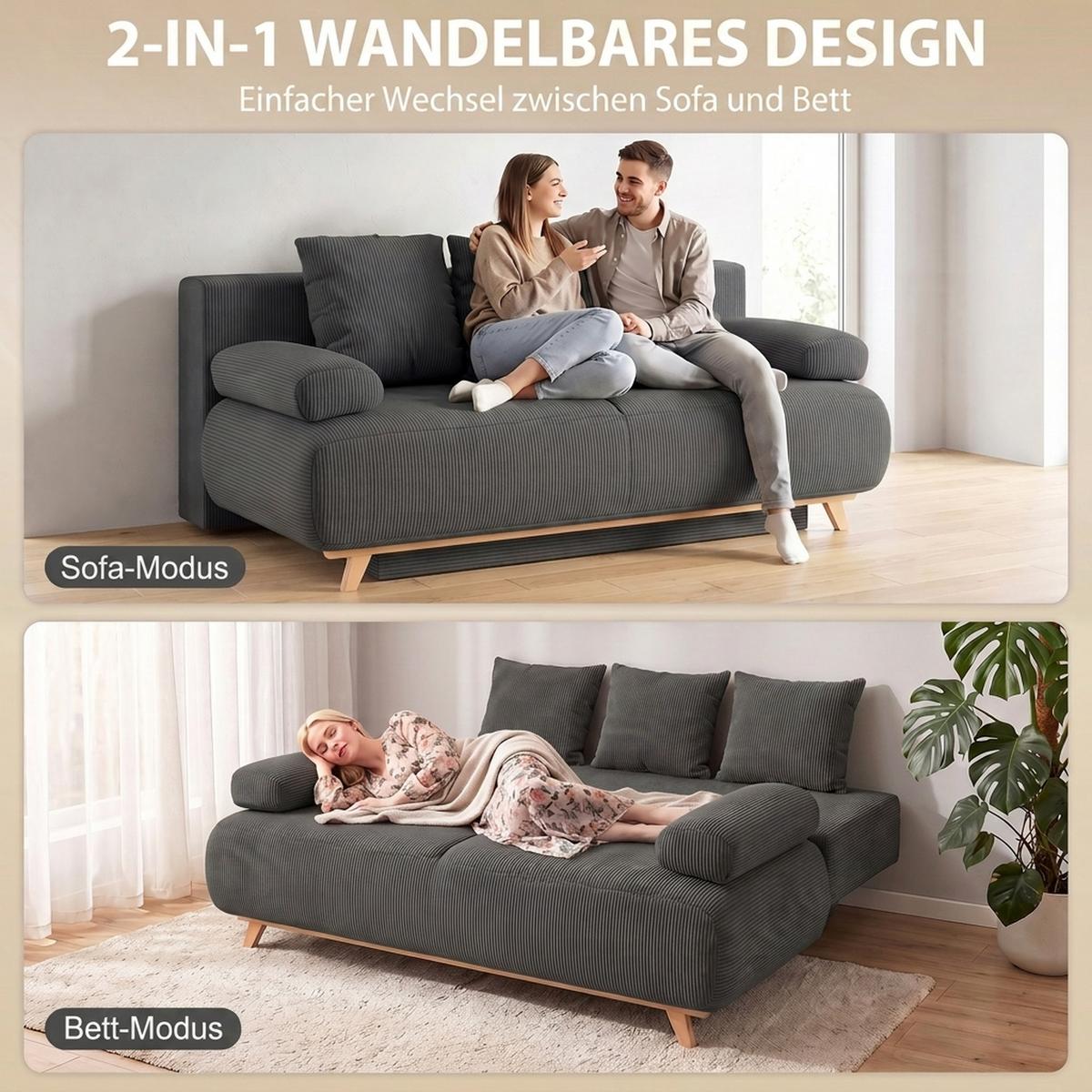SCHLAFSOFA Cord Grau - Beige/Grau, Kunststoff/Textil (100/84/188cm) - HOMCOM