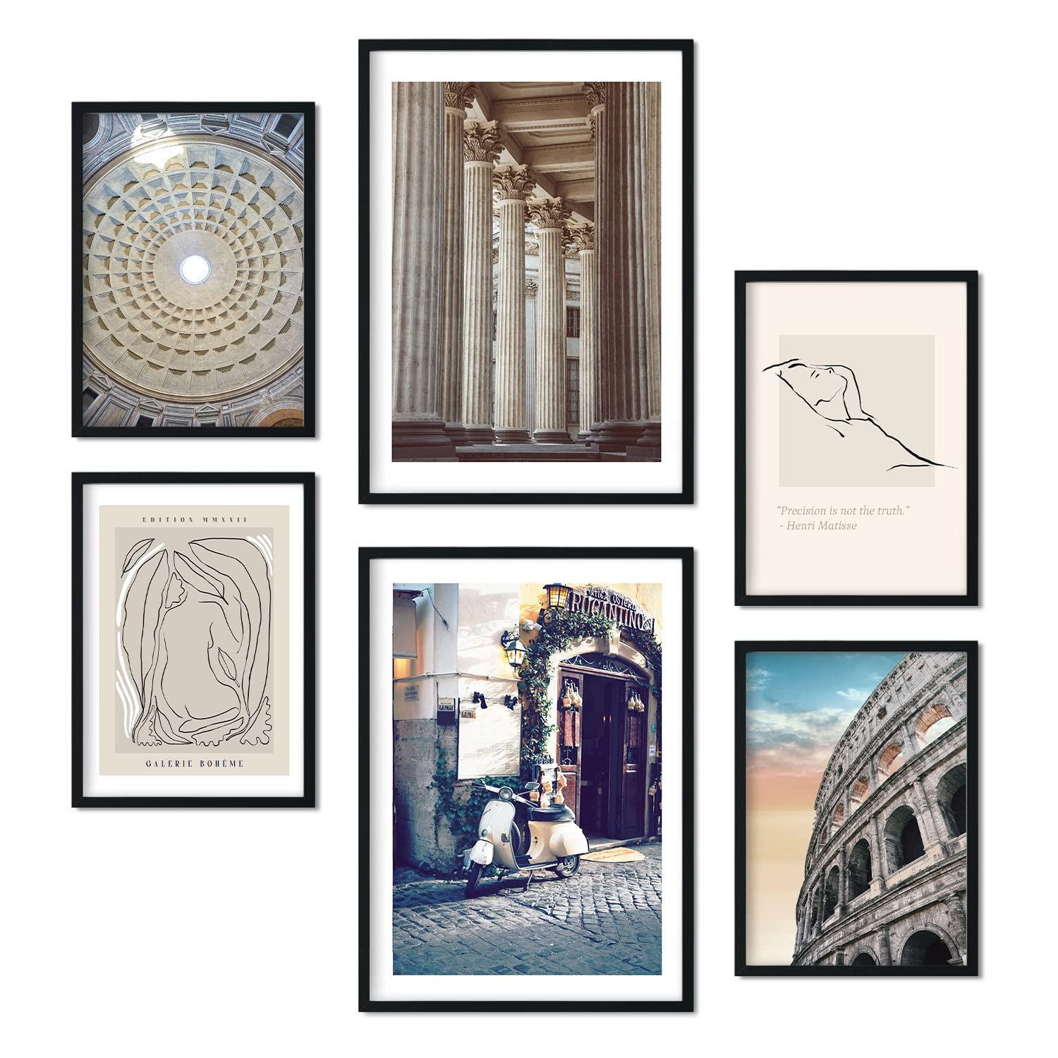 POSTER Set Mit 6 Vintage Rom A3 & A4 Schwarzer Rahmen - Schwarz, Papier (29/3cm) - Nacnic