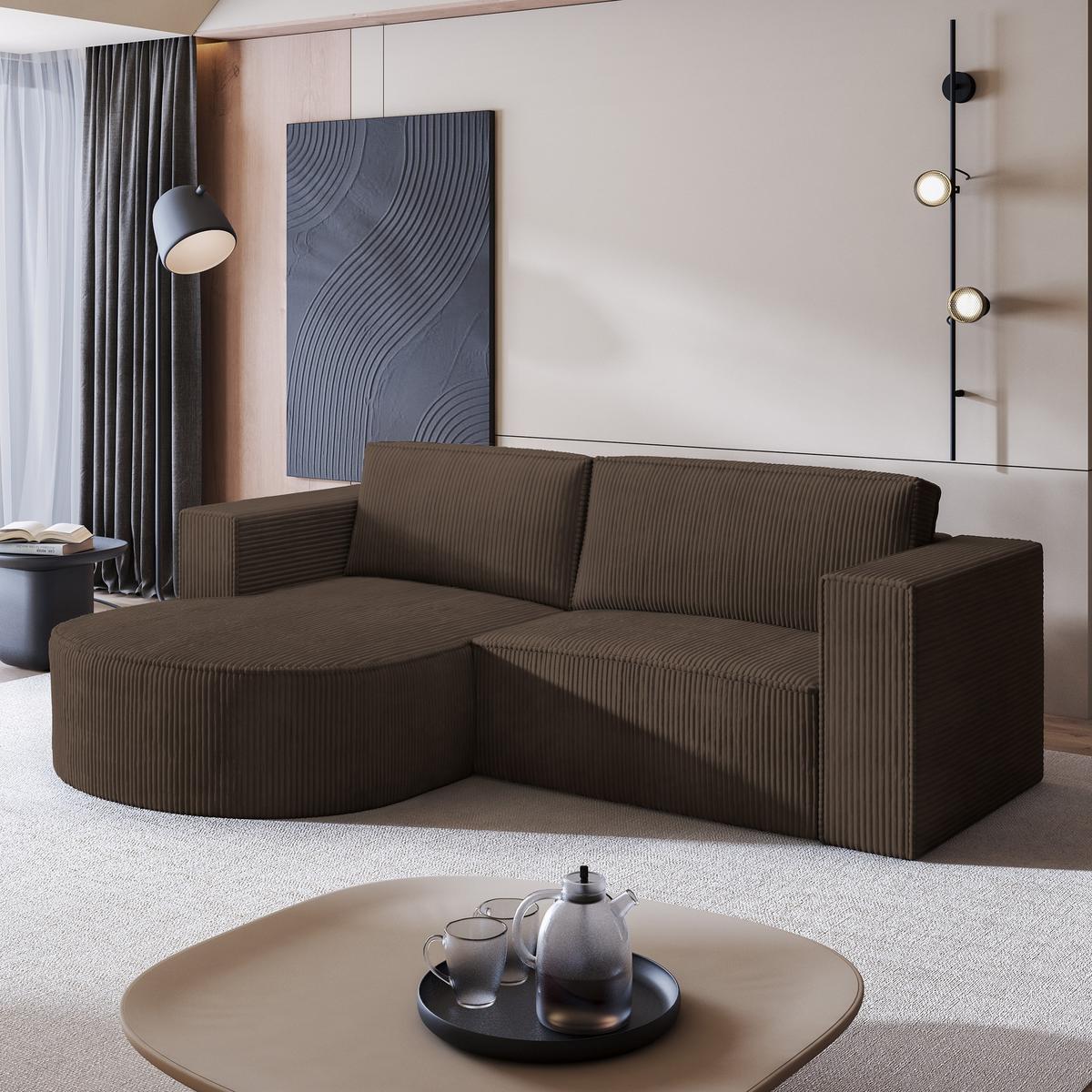 ECKSOFA SORELA P L-S Braun Kordstoff mit Schlaffunktion - Braun, Holz (263/174cm) - MASSENO