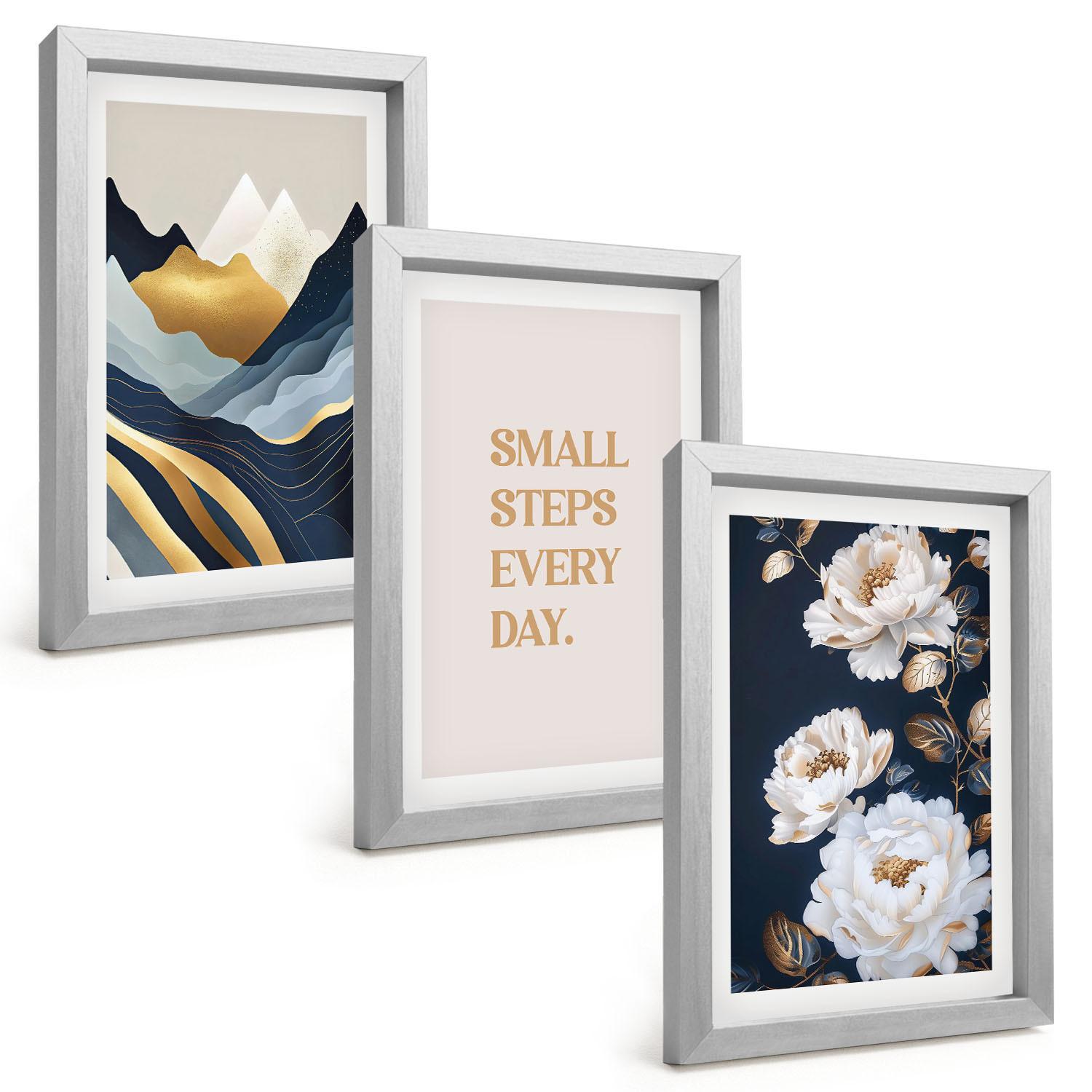 BILDER SET 3er Set - 20x30 cm Silberner Rahmen - Abstrakte Berge und Blumen Inspiration - Silberfarben, Kunststoff (20/30cm) - TULUP